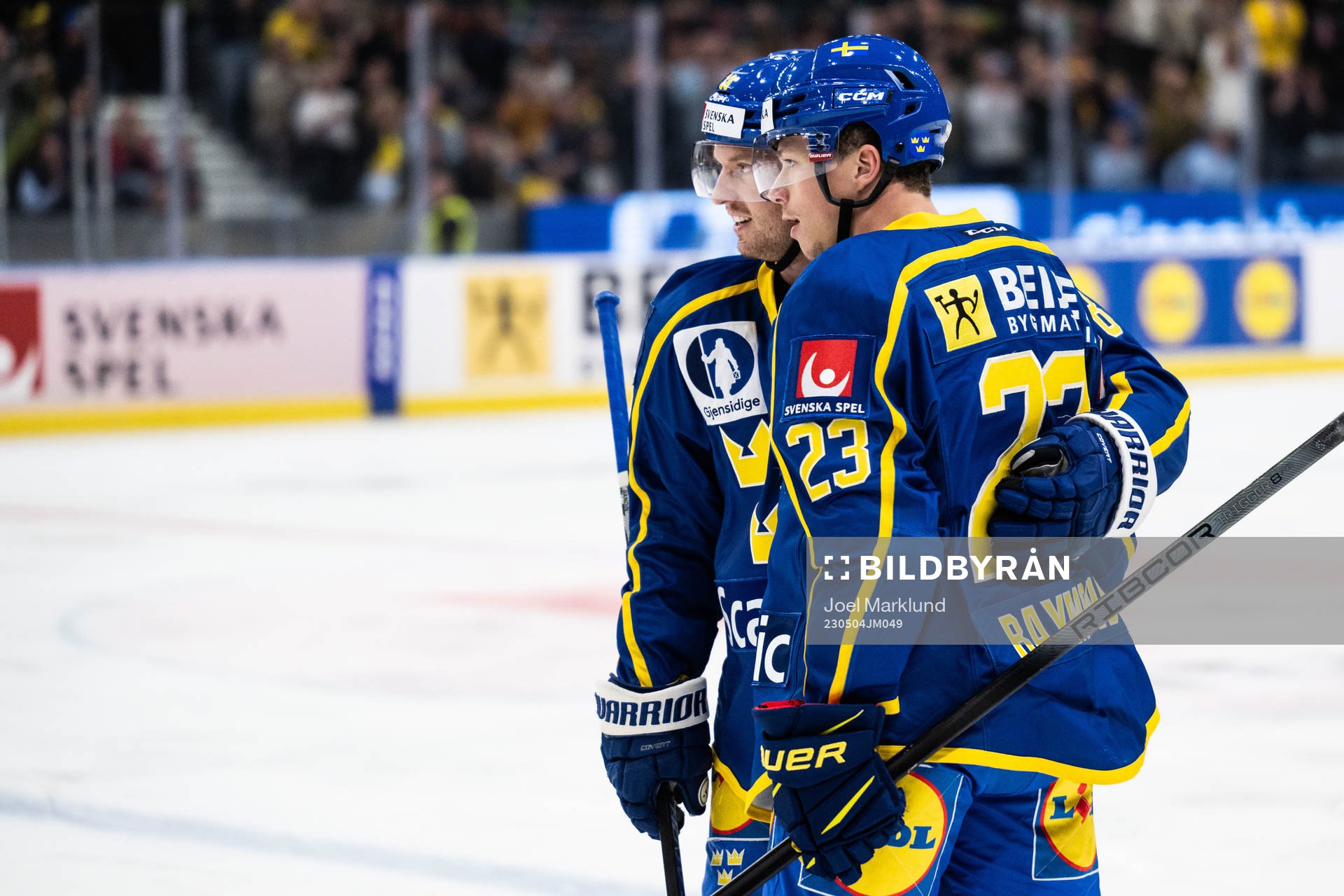 Rasmus Sandin and Lucas Raymond of Sweden celebrate