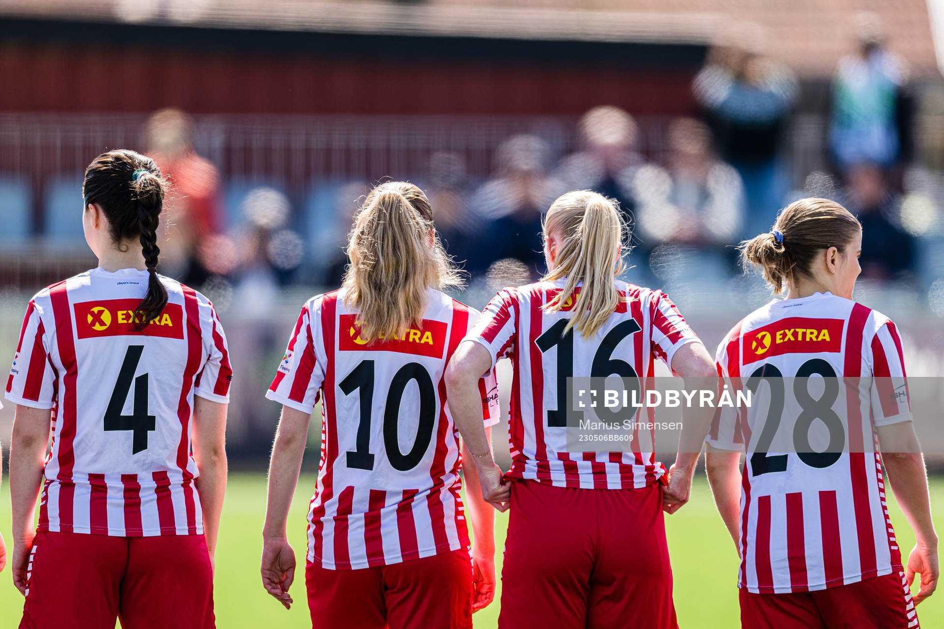 Vilde Mailen Korssjøen Asbøll, Emma Granlind, Elea Synnøve Johansen and Mali Motrøen Trøan of TIL 2020 ahead of the 1. division football match between Øvrevoll Hosle and TIL 2020 on May 6, 2023 in Bærum.