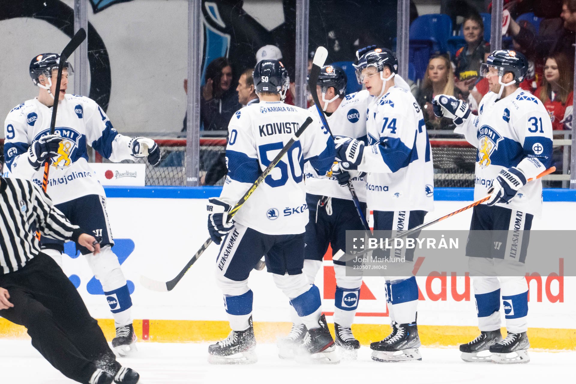 Antti Suomela of Finland celebrate with teammates