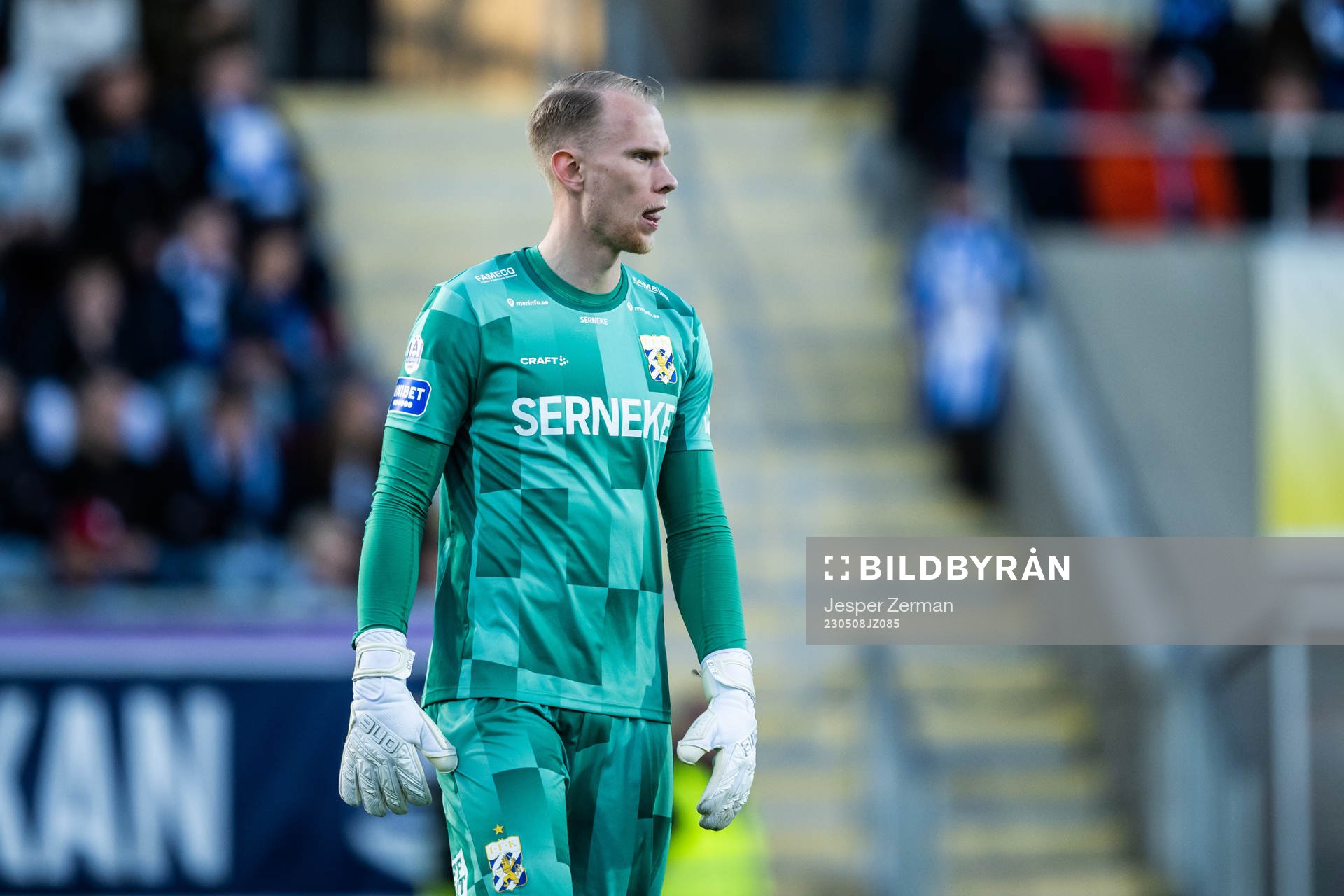 IFK Göteborgs målvakt Pontus Dahlberg under fotbollsmatchen i Allsvenskan mellan Brommapojkarna och IFK Göteborg den 8 maj 2023 i Stockholm. 