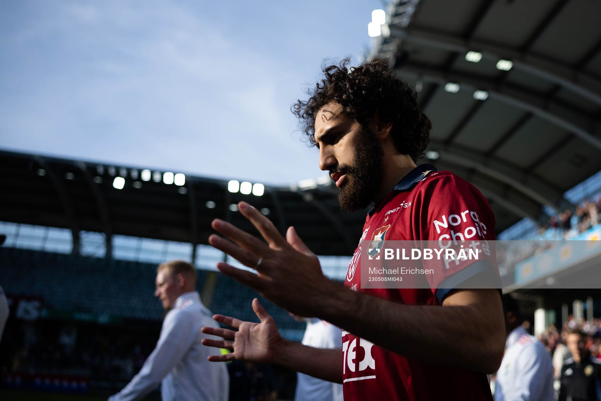 Örgrytes Hady Saleh Karim på väg ut till line up innan  fotbollsmatchen i Superettan mellan Örgryte och Öster den 8 maj 2023 i Göteborg. 