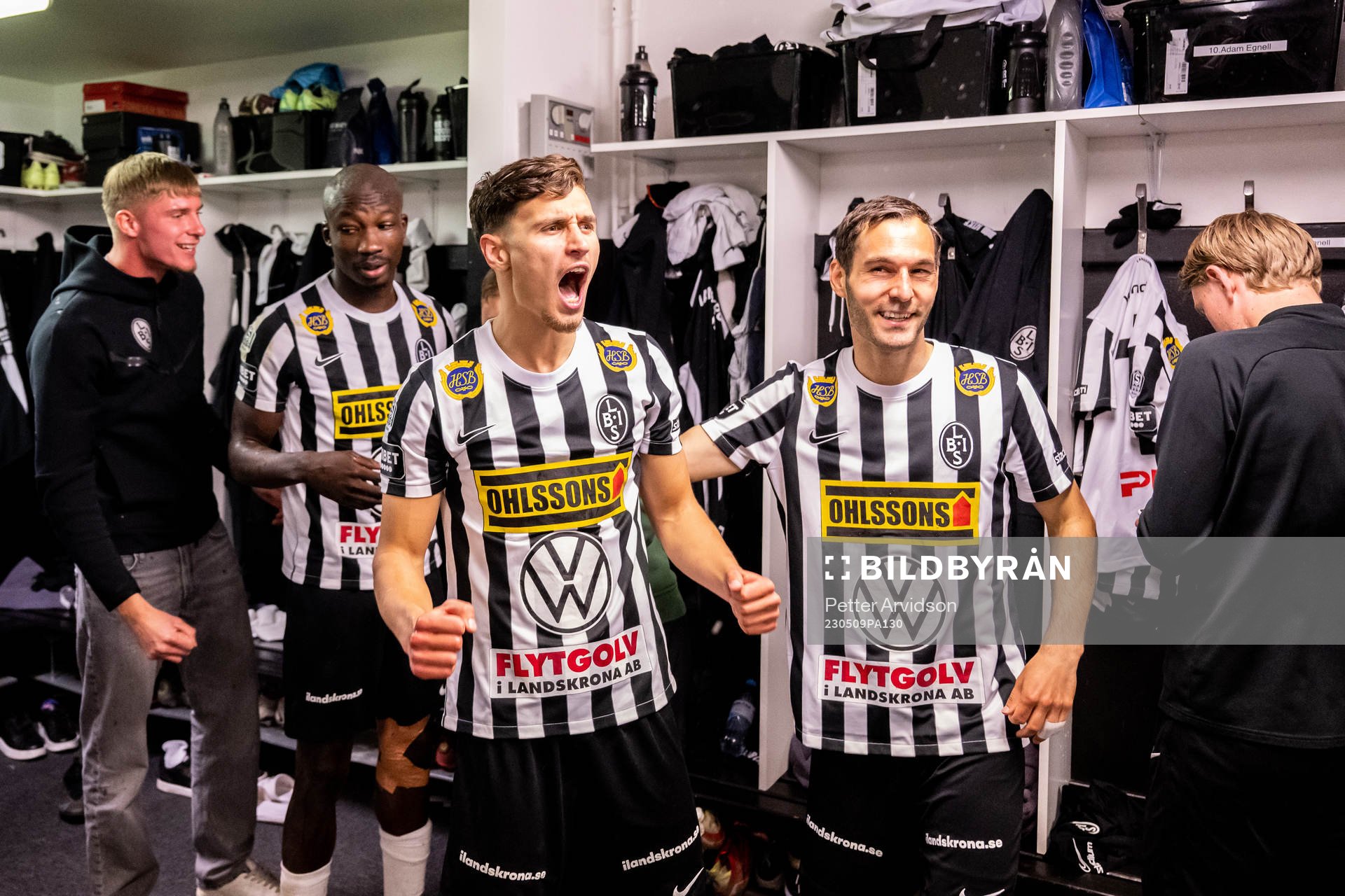 Landskronas Camil Jebara jublar efter fotbollsmatchen i Superettan mellan Landskrona och Helsingborg den 9 maj 2023 i Landskrona. 