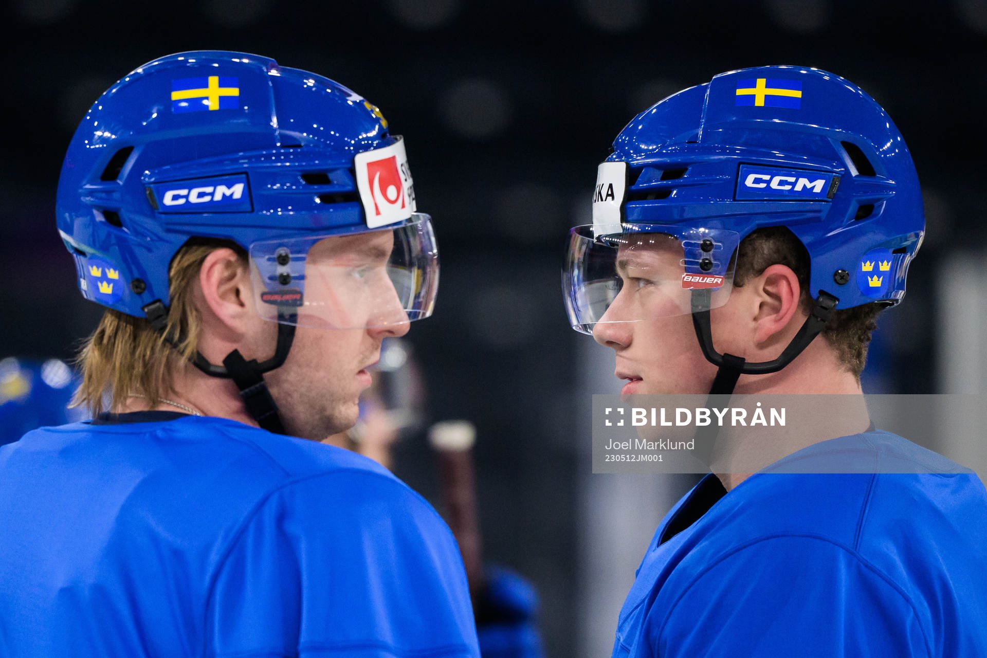 Rasmus Sandin and Lucas Raymond of Sweden at a practice