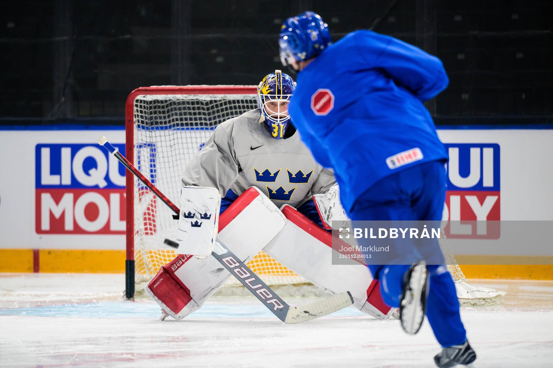 Goaltender Lars Johansson of Sweden at a practice session