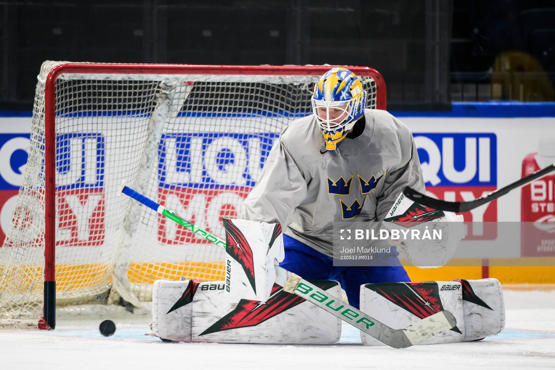 Goaltender Jesper Wallstedt of Sweden at a practice session