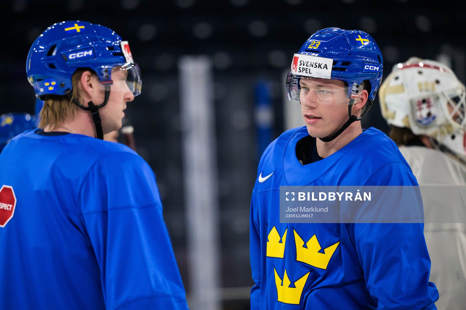 Rasmus Sandin and Lucas Raymond of Sweden at a practice