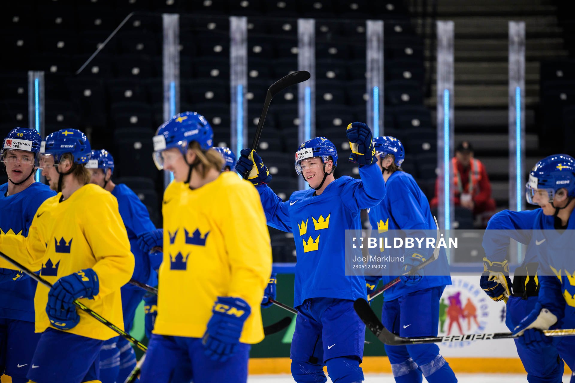Lucas Raymond of Sweden celebrates at a practice session