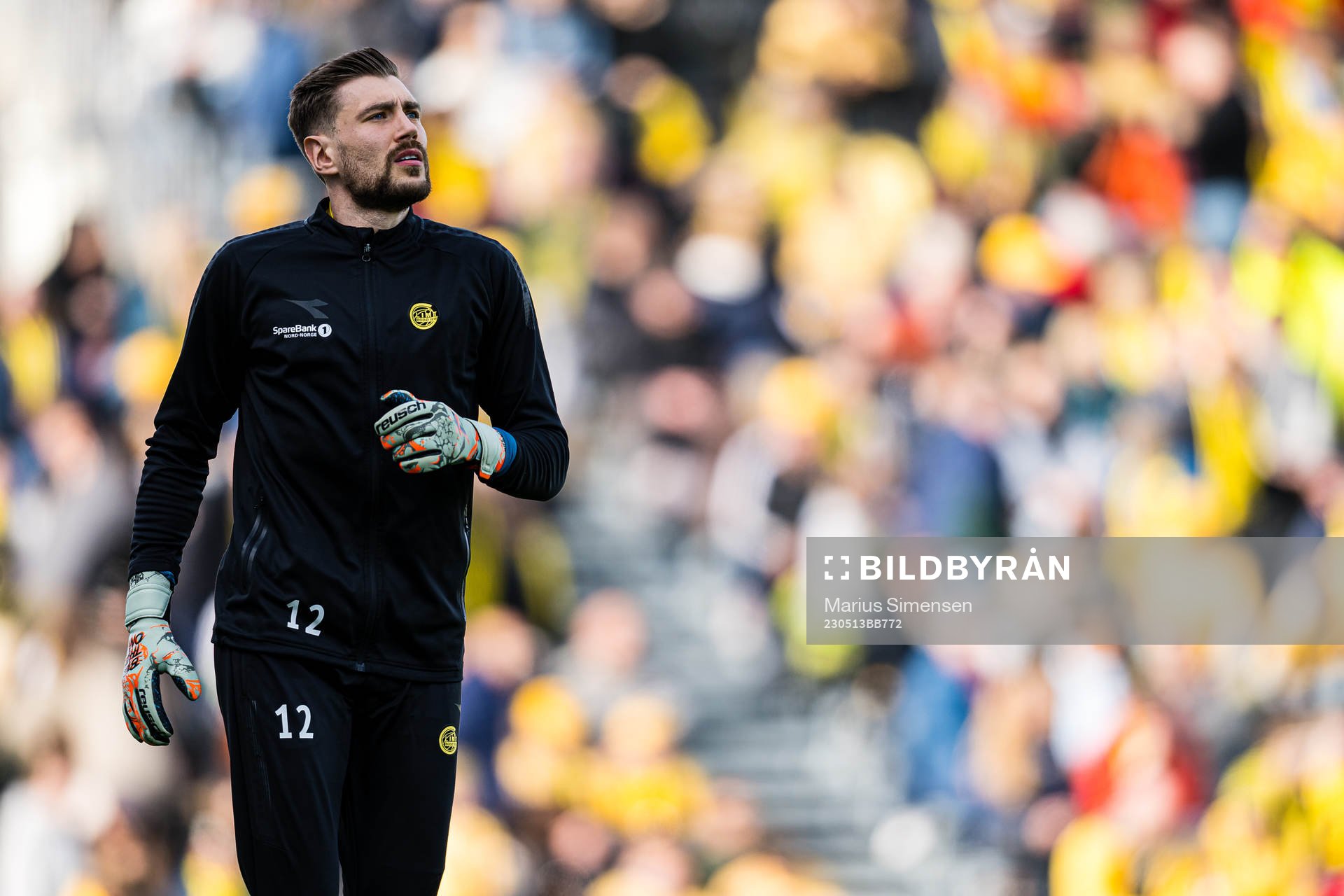Nikita Haikin of Bodø/Glimt warms up ahead of the Eliteserien match between Bodø/Glimt and Rosenborg on May 13, 2023 in Bodø.