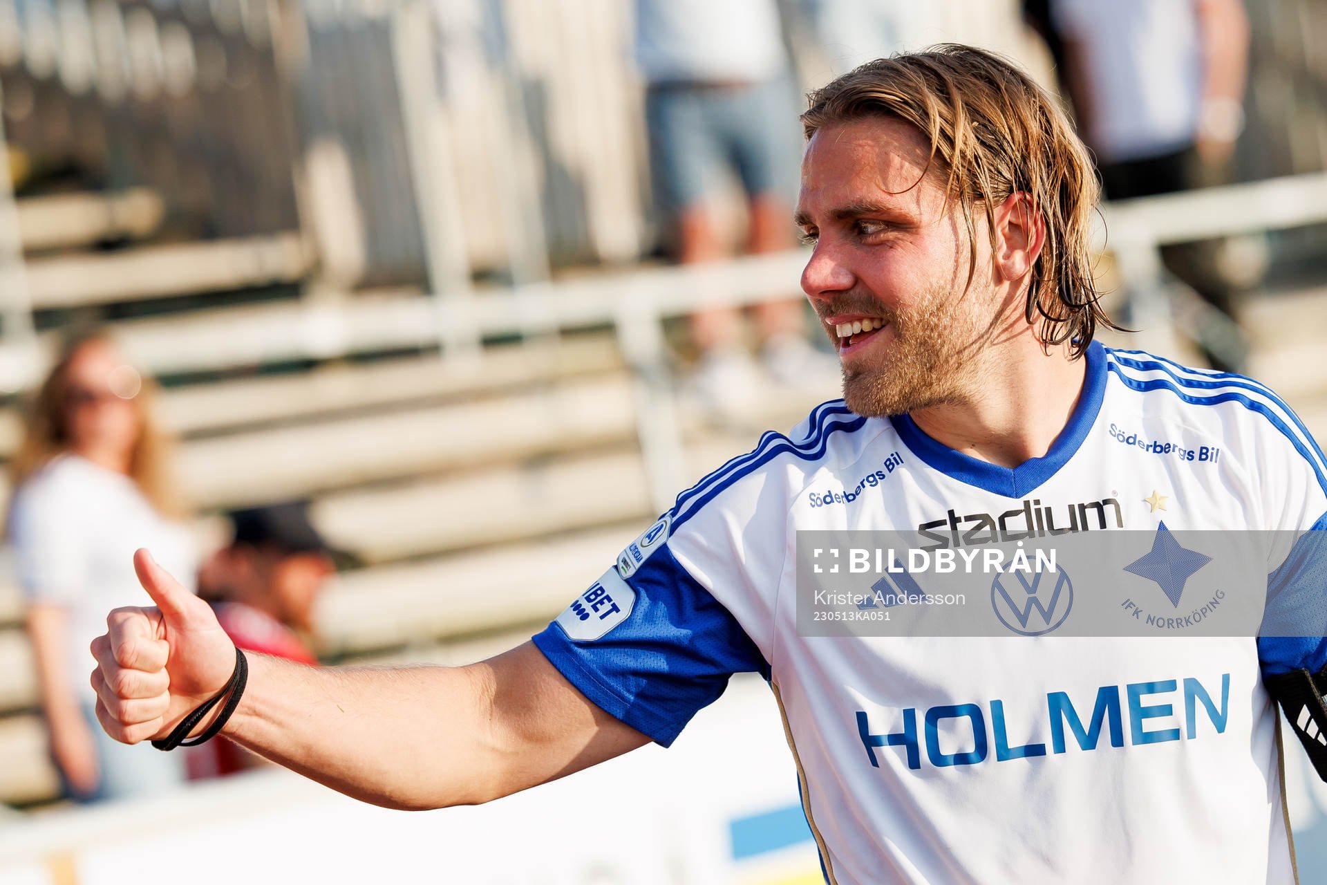IFK Norrköpings Christoffer Nyman jublar efter fotbollsmatchen i Allsvenskan mellan Varberg och IFK Norrköping den 13 maj 2023 i Varberg.