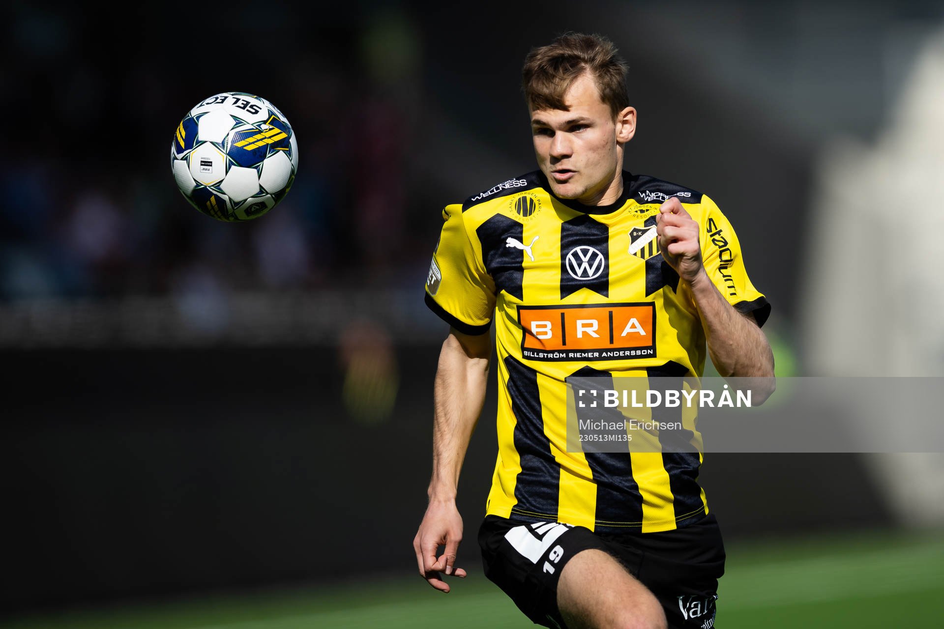 Häckens Oscar Uddenäs under fotbollsmatchen i Allsvenskan mellan Häcken och Degerfors den 13 maj 2023 i Göteborg. 