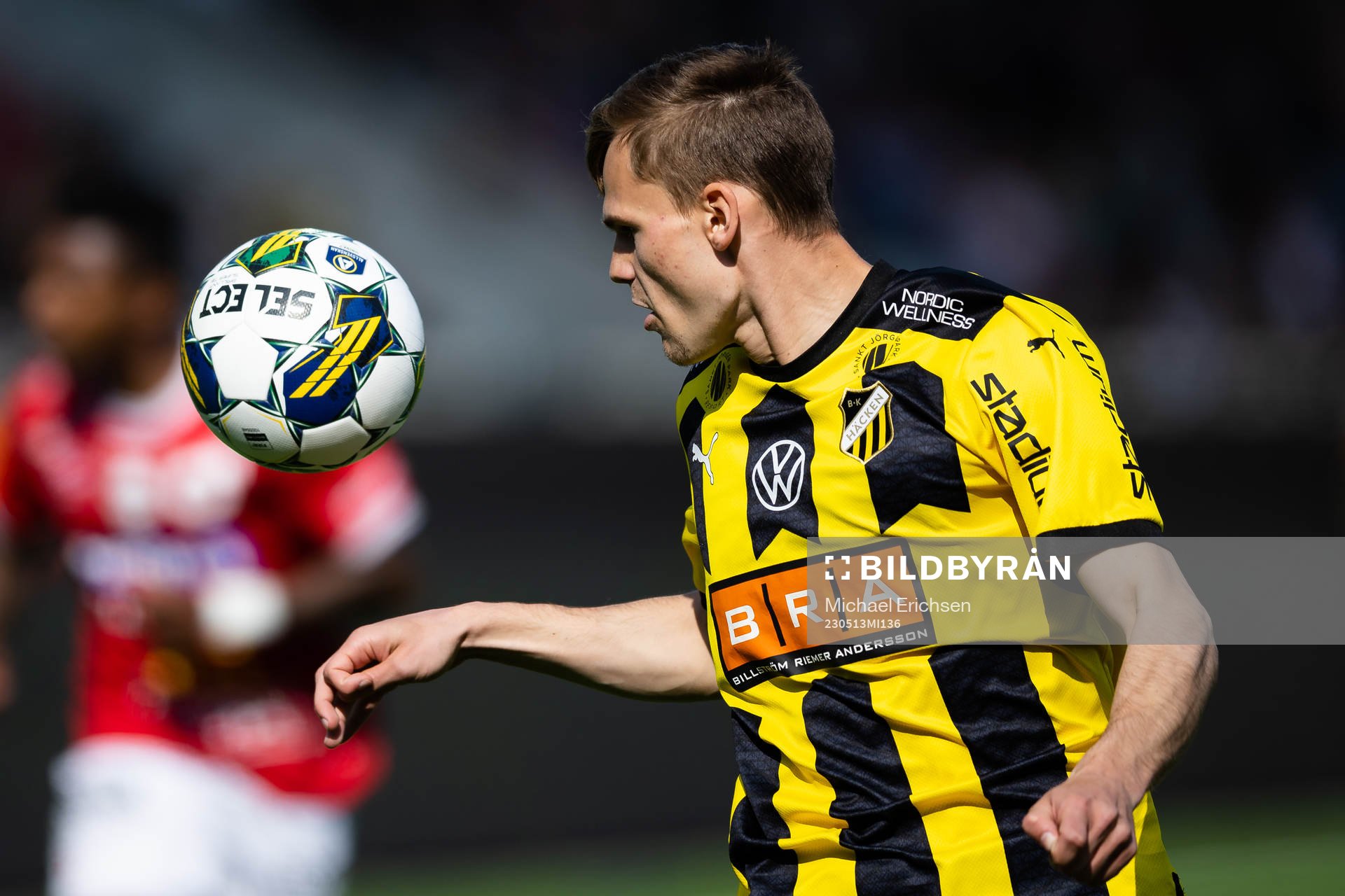 Häckens Oscar Uddenäs under fotbollsmatchen i Allsvenskan mellan Häcken och Degerfors den 13 maj 2023 i Göteborg. 