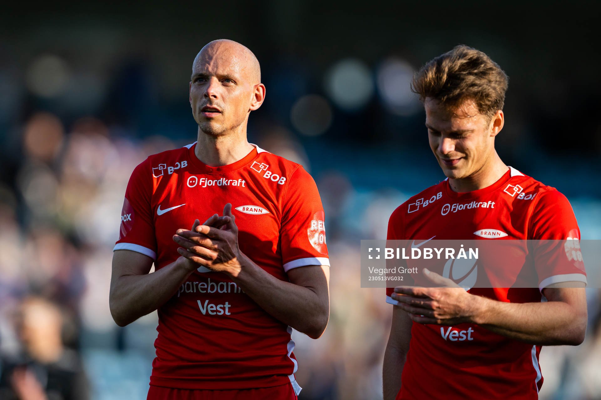 Ruben Kristiansen and Felix Horn Myhre of Brann after the Eliteserien football match between Sarpsborg 08 and Brann on May 13, 2023 in Sarpsborg.