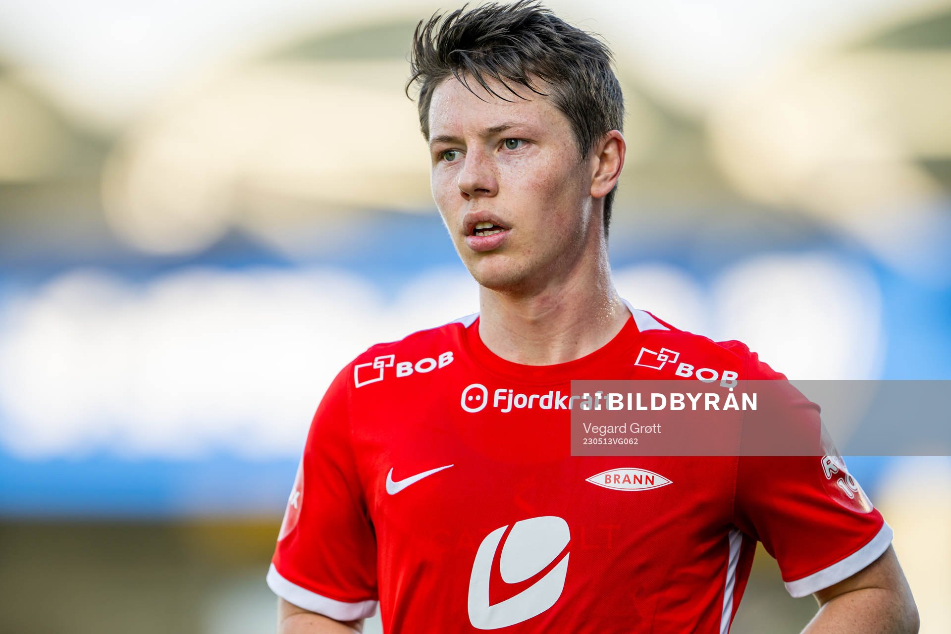 Mathias Rasmussen of Brann during the Eliteserien football match between Sarpsborg 08 and Brann on May 13, 2023 in Sarpsborg. 