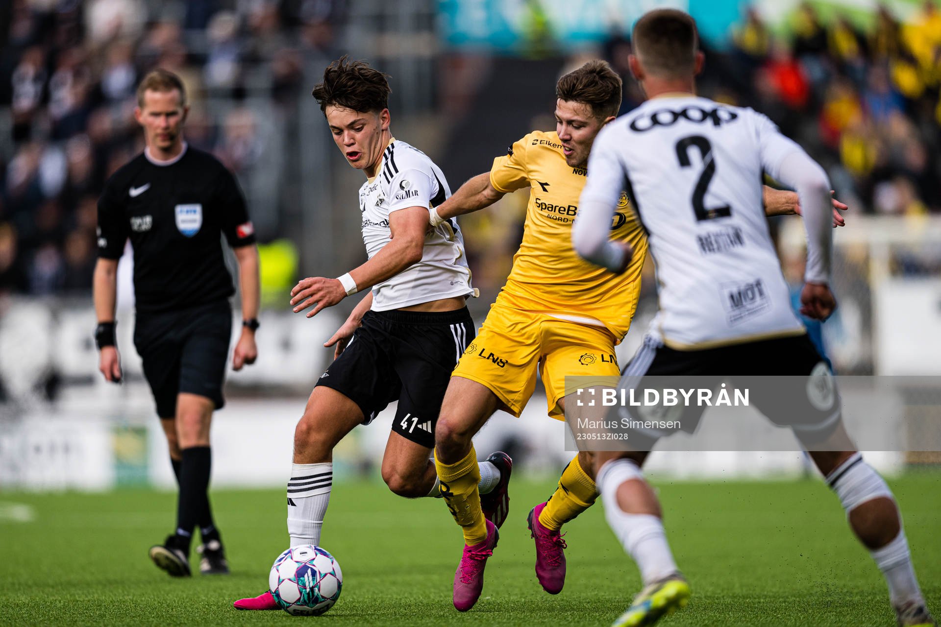Sverre Halseth Nypan of Rosenborg and Fredrik Bjørkan of Bodø/Glimt during the Eliteserien match between Bodø/Glimt and Rosenborg on May 13, 2023 in Bodø.