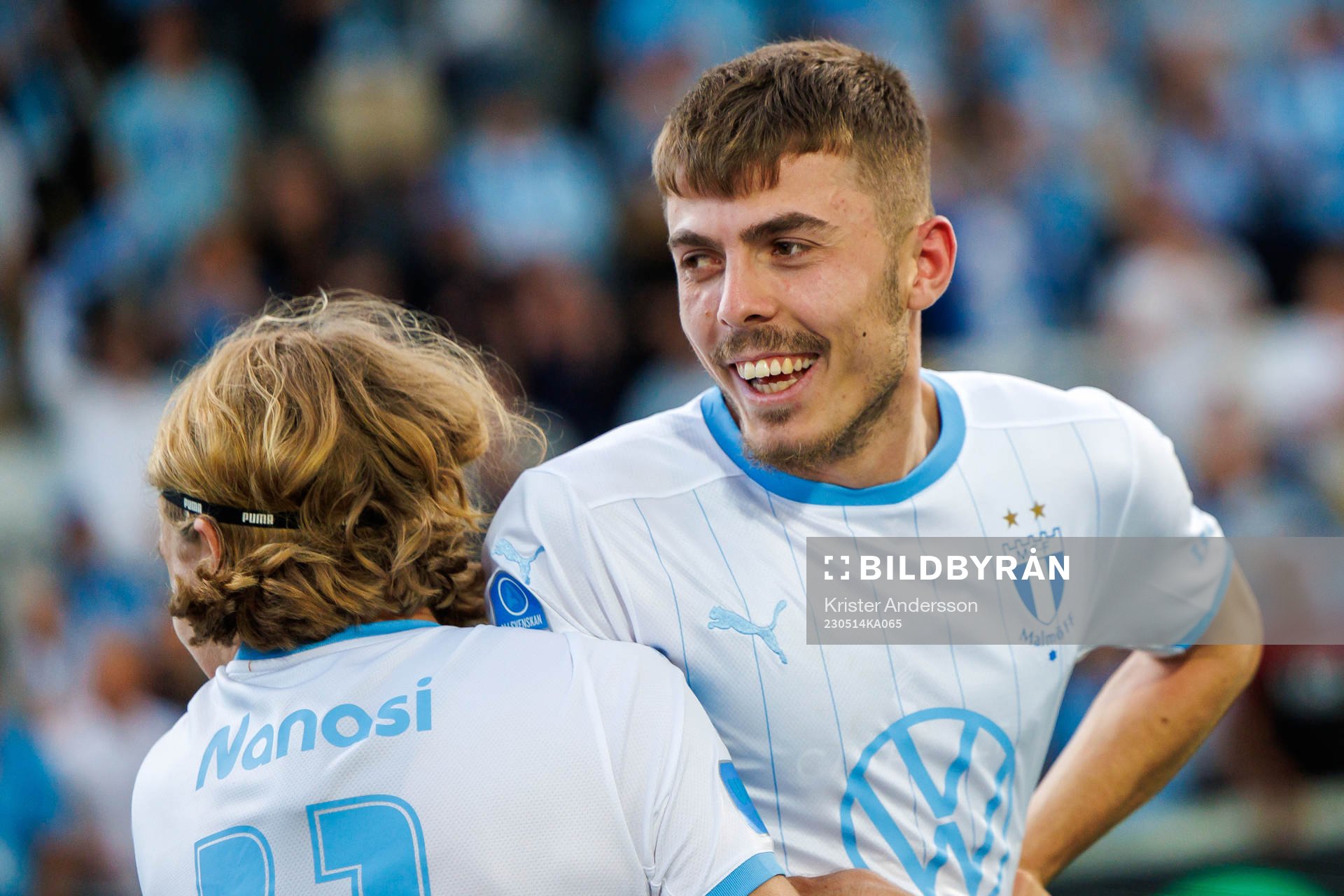 Malmö FFs Patriot Sejdiu jublar efter fotbollsmatchen i Allsvenskan mellan Halmstad och Malmö FF den 14 maj 2023 i Halmstad. 
