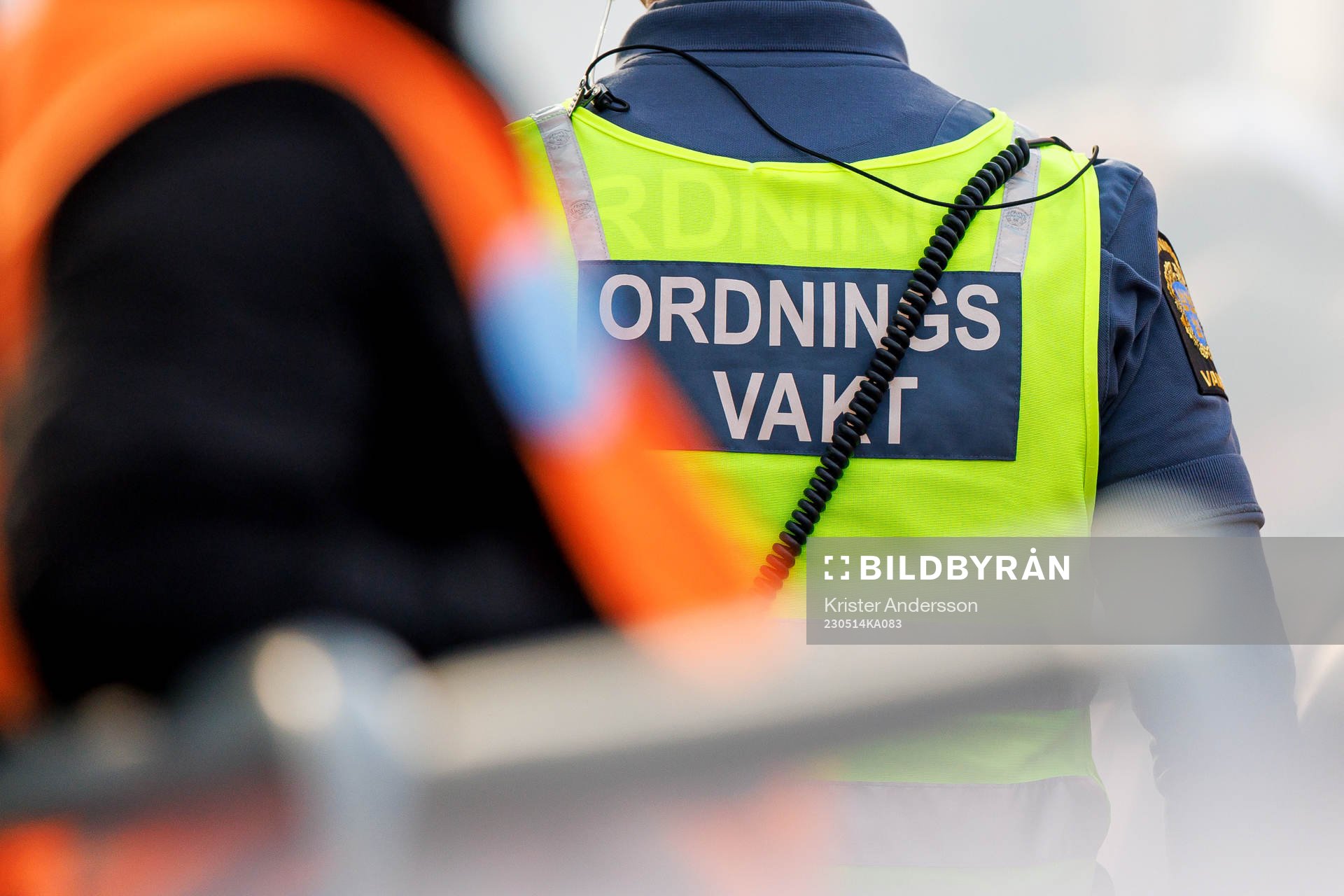 Ordningsvakt under fotbollsmatchen i Allsvenskan mellan Halmstad och Malmö FF den 14 maj 2023 i Halmstad. 
