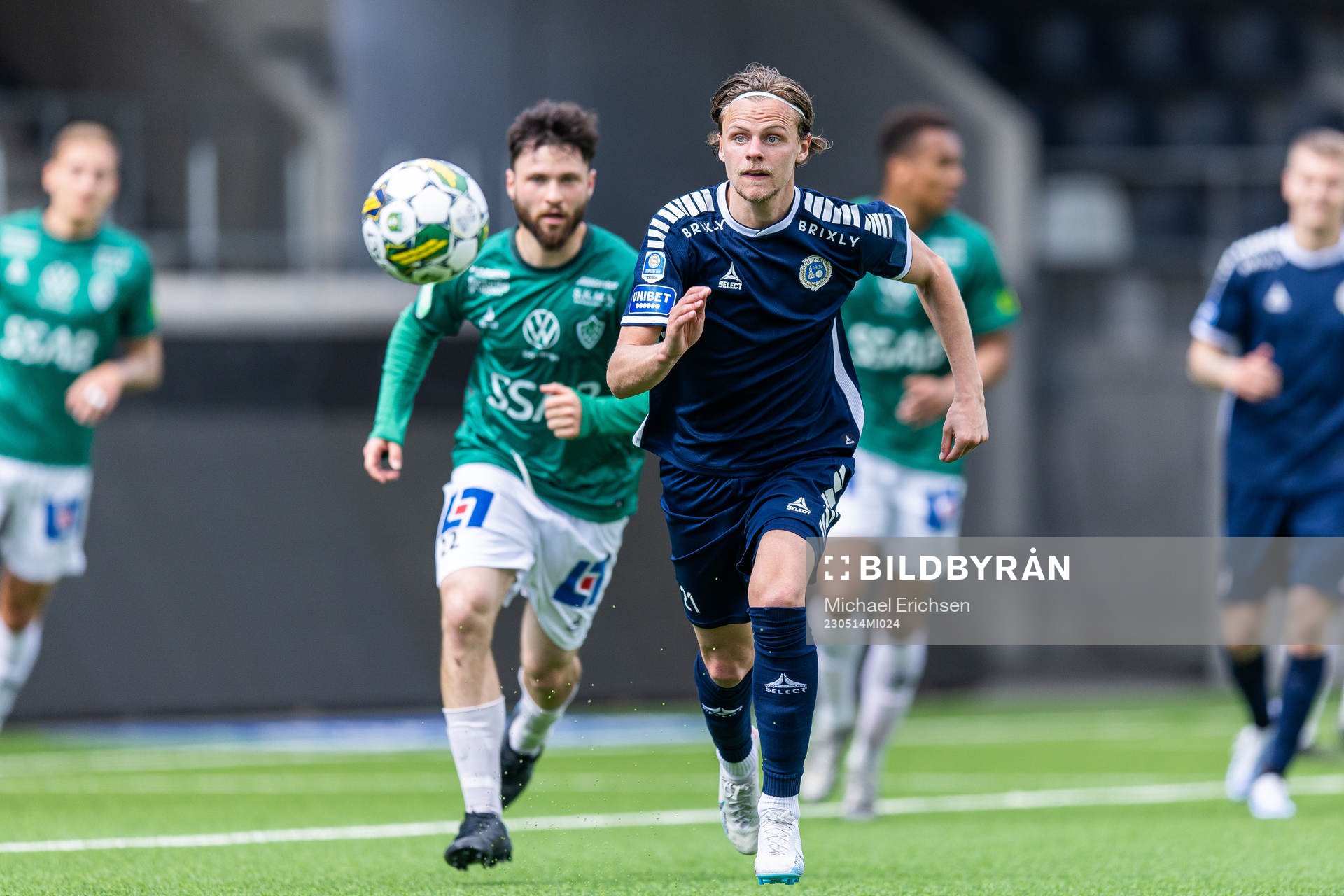 Utsiktens Fredrik Martinsson under fotbollsmatchen i Superettan mellan Utsikten och Brage den 14 maj 2023 i Göteborg. 