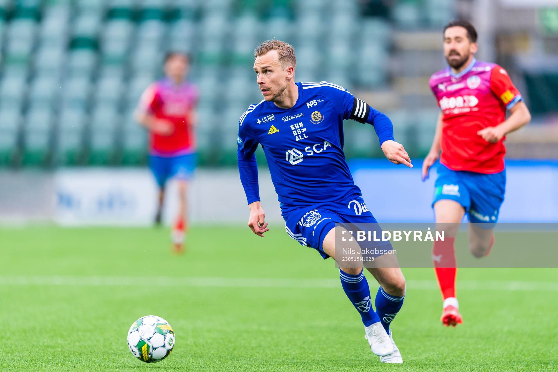 GIF Sundsvalls Pontus Engblom under fotbollsmatchen i Superettan mellan GIF Sundsvall och Helsingborg den 15 maj 2023 i Sundsvall.