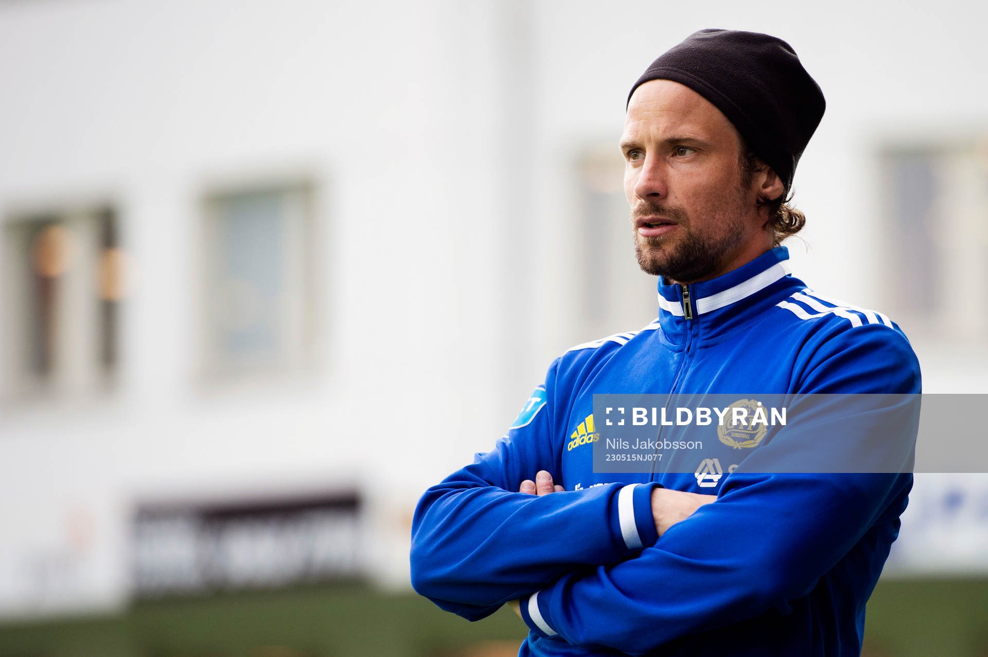 GIF Sundsvalls Linus Hallenius innan fotbollsmatchen i Superettan mellan GIF Sundsvall och Helsingborg den 15 maj 2023 i Sundsvall.