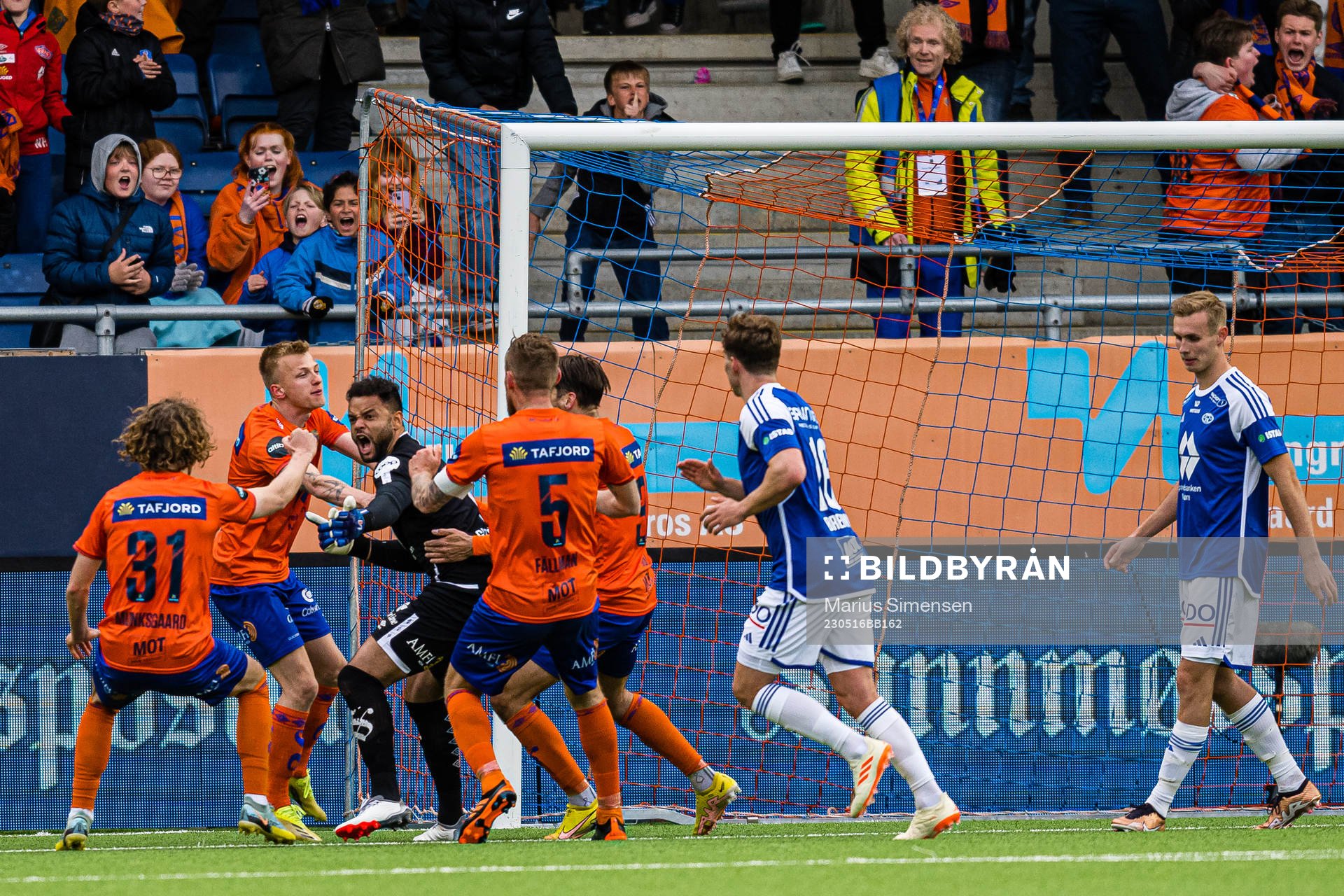Sten Michael Grytebust of Aalesund celebrates after saving a penalty kick during the Eliteserien match between Aalesund and Molde on May 16, 2023 in Ålesund.
