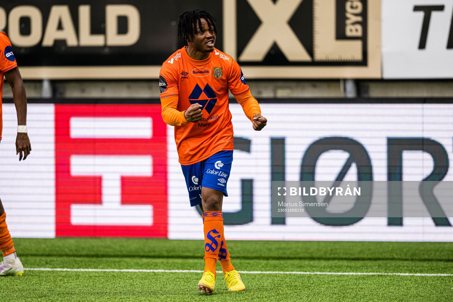 Isaac Atanga of Aalesund celebrates after scoring the 3-0 goal during the Eliteserien match between Aalesund and Molde on May 16, 2023 in Ålesund.