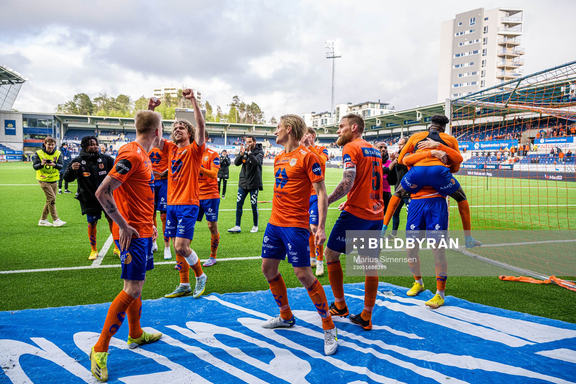Kasper Lunding, Alexander Munksgaard, Erlend Segberg and David Fällman of Aalesund celebrates after the Eliteserien match between Aalesund and Molde on May 16, 2023 in Ålesund.