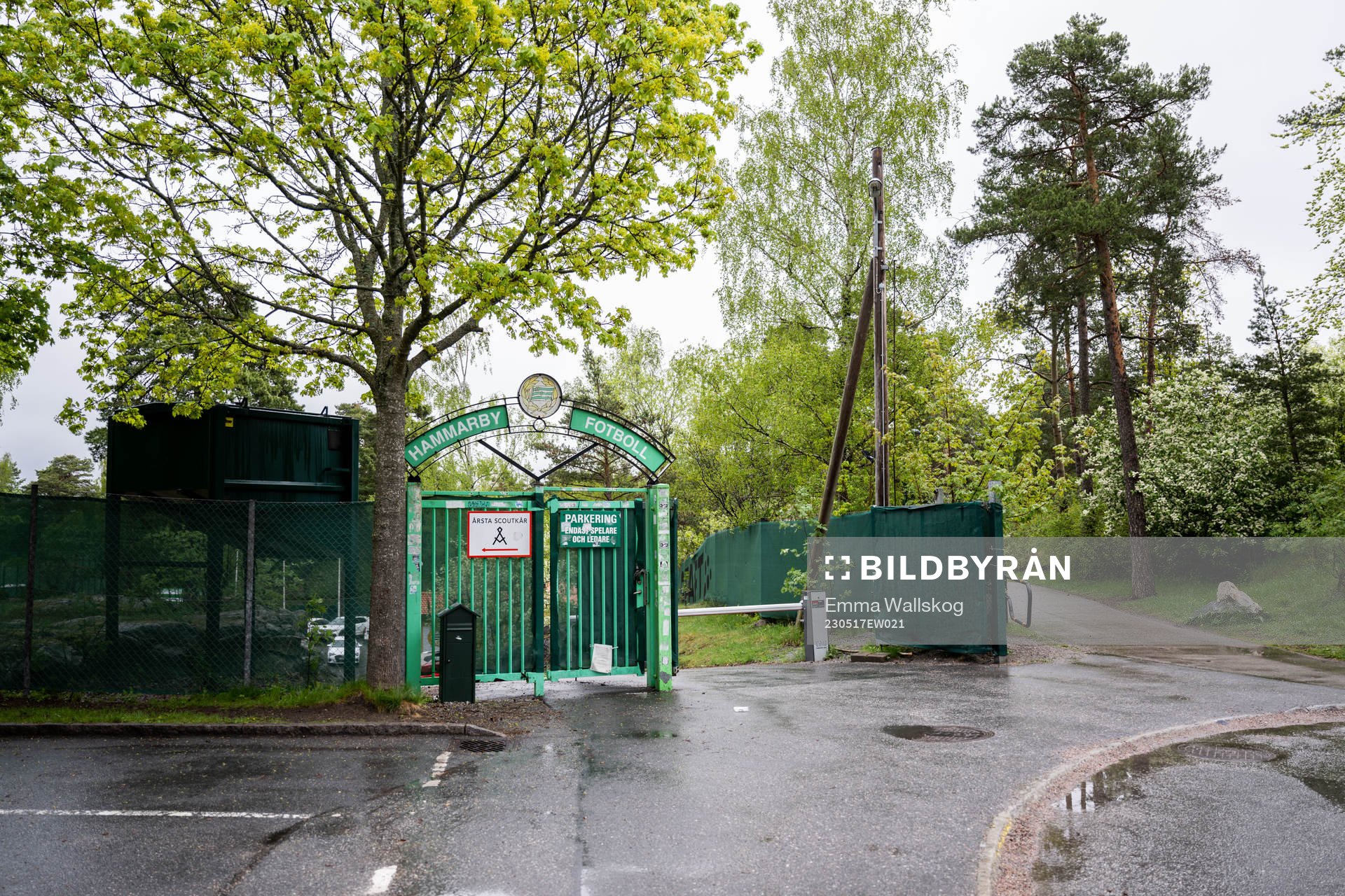 Exteriör av Årsta IP efter en pressträff med Hammarby den 17 maj 2023 i Stockholm. 
