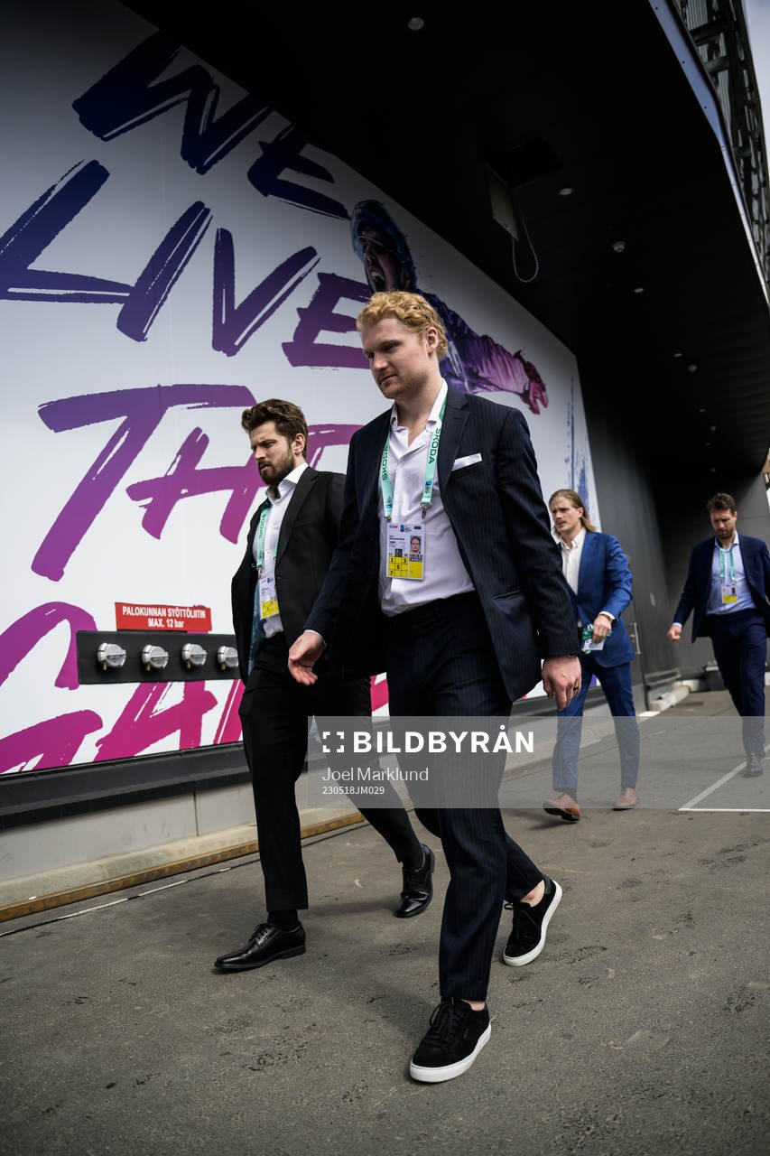 Lukas Bengtsson and Carl Grundström of Sweden arrive to