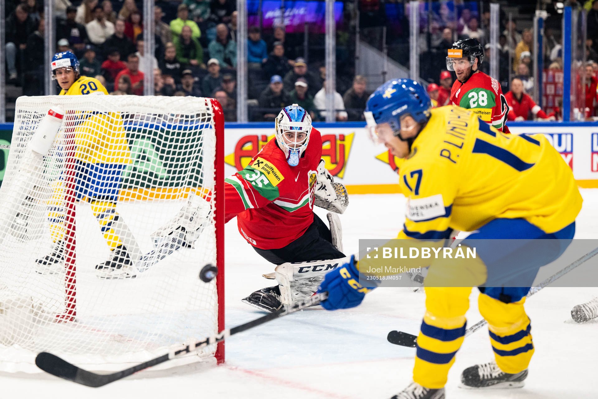 André Petersson of Sweden and goaltender Dominik Horvath