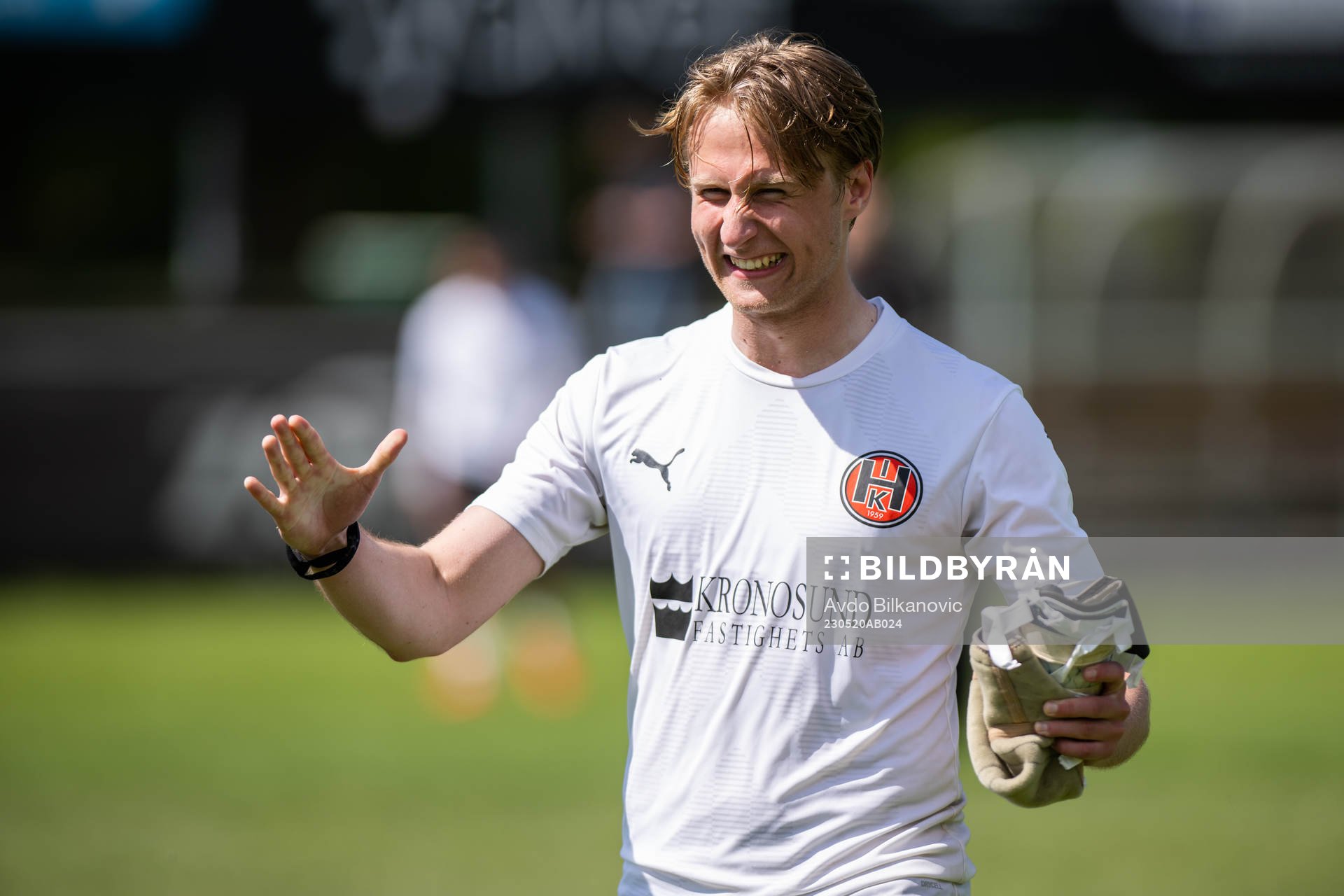 Hittarp IKs William Fredland jublar under fotbollsmatchen i Division 2 Västra mellan Hittarp IK och Nässjö FF den 20 maj 2023 i Hittarp. 