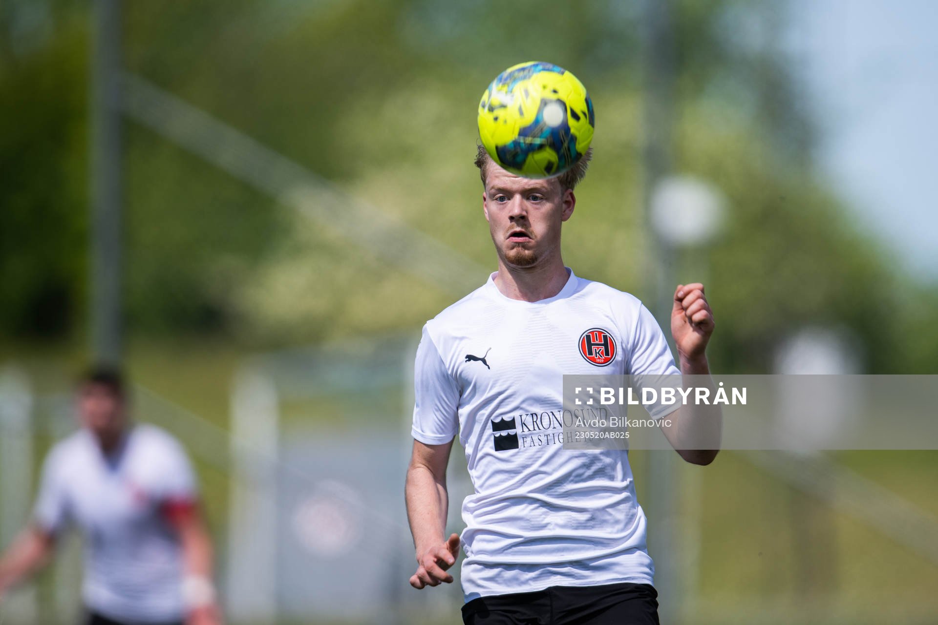 Hittarp IKs Sebastian Fineman under fotbollsmatchen i Division 2 Västra mellan Hittarp IK och Nässjö FF den 20 maj 2023 i Hittarp.