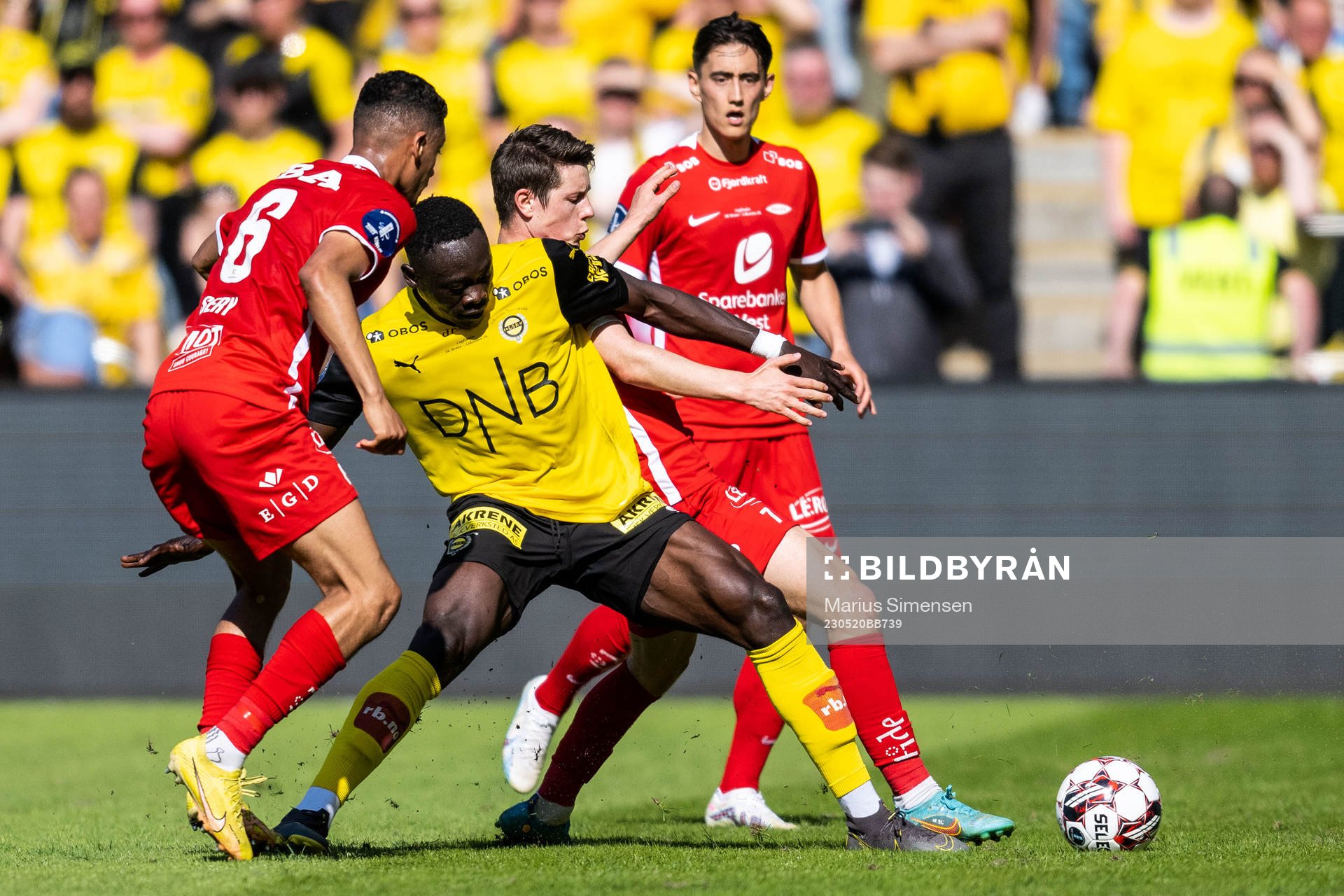 Japhet Sery Larsen and Mathias Rasmussen of Brann and Akor Adams of Lillestrøm during the cup final between Brann and Lillestrøm on May 20, 2023 in Oslo.