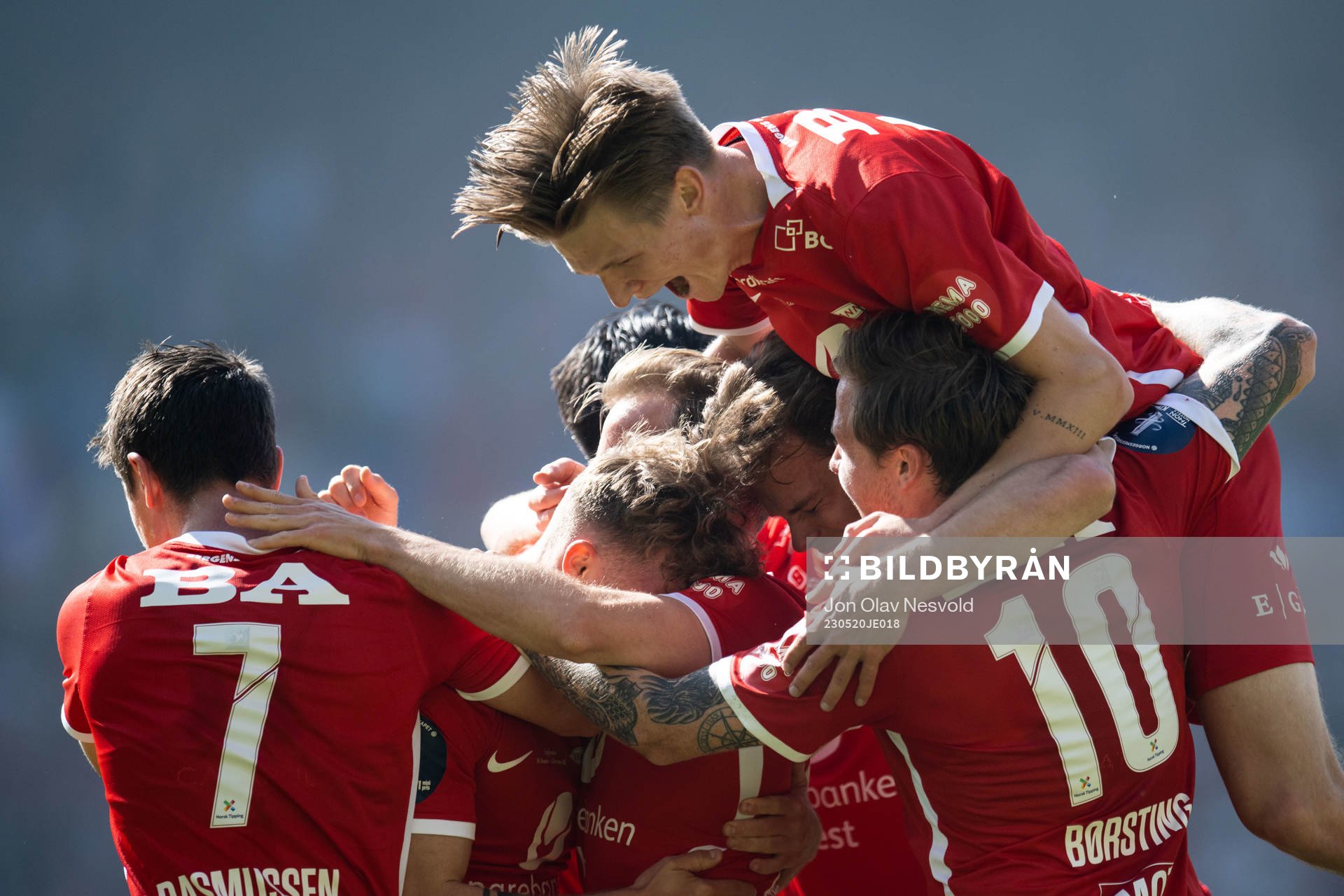 Ole Didrik Blomberg of Brann celebrates with teammates