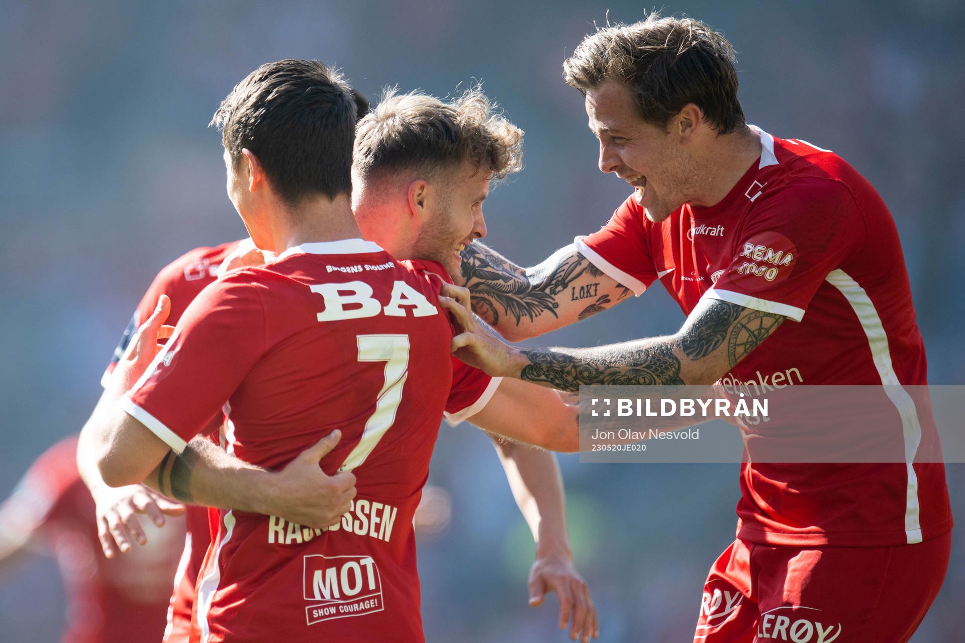 Ole Didrik Blomberg, Mathias Rasmussen and Frederik Lindbøg Børsting of Brann celebrate scoring 1-0 during the cup final between Brann and Lillestrøm on May 20, 2023 in Oslo.