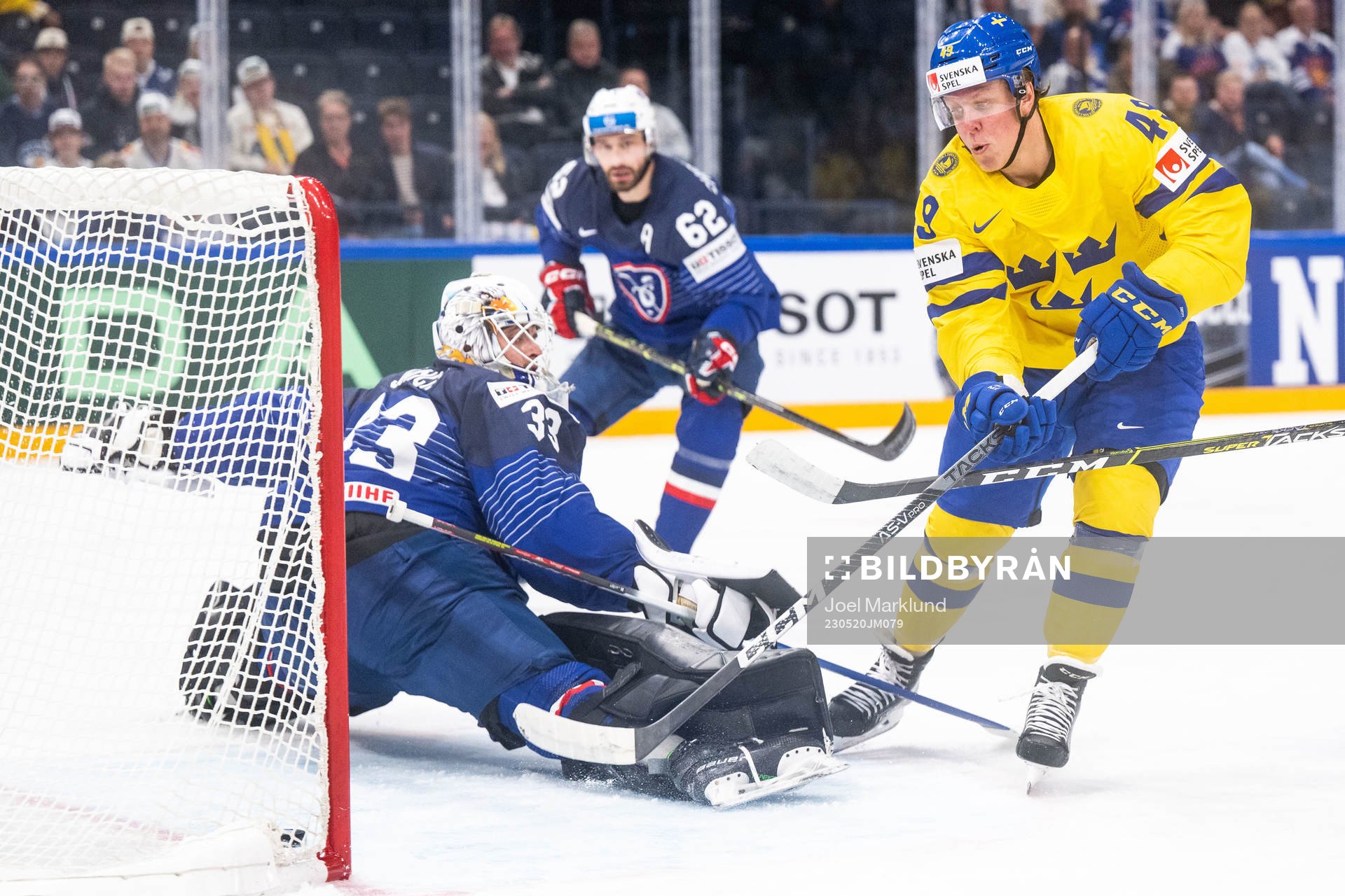 Goaltender Julian Junca of France when Fabian Zetterlund of