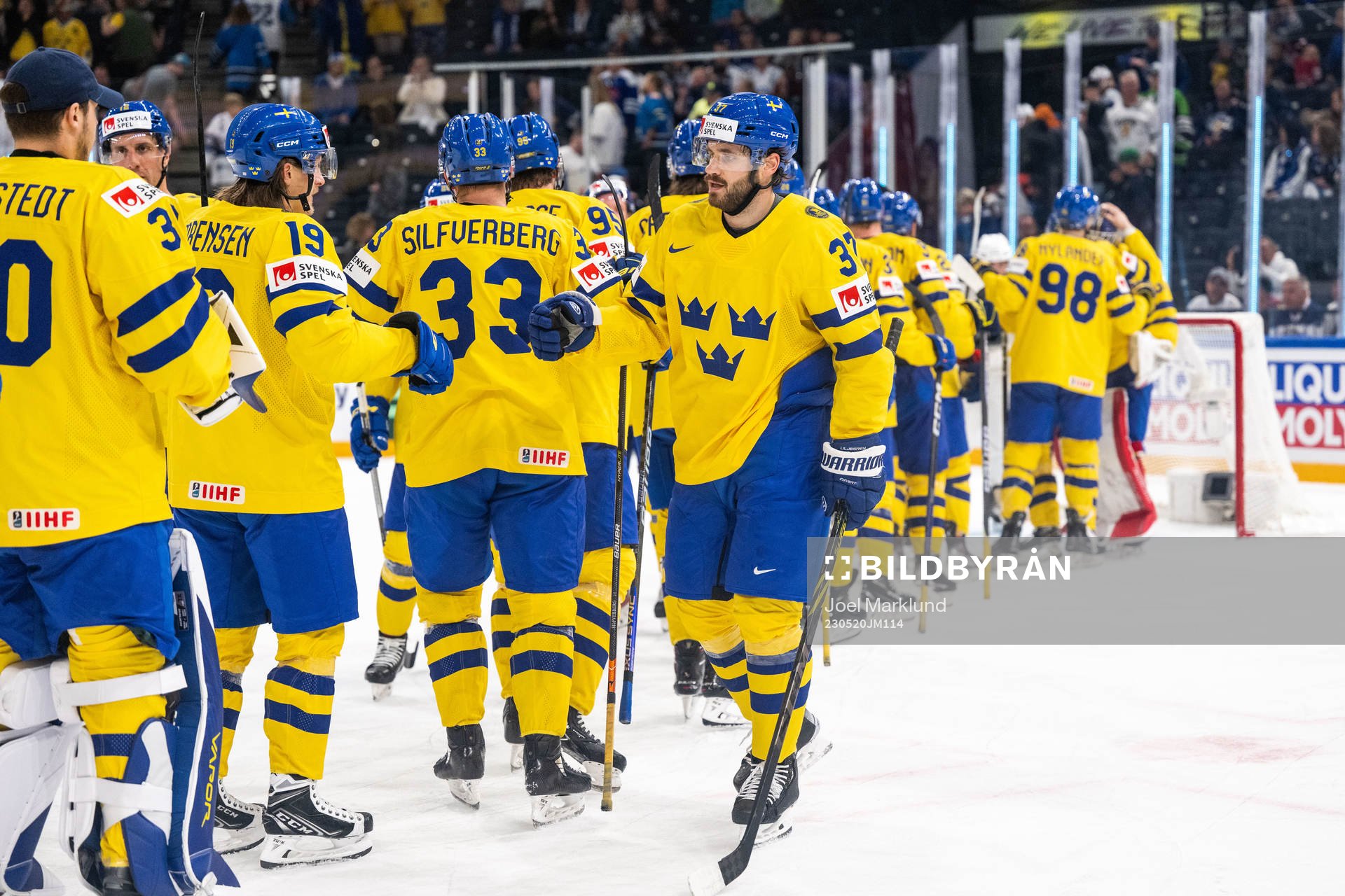 Timothy Liljegren of Sweden celebrates with teammates