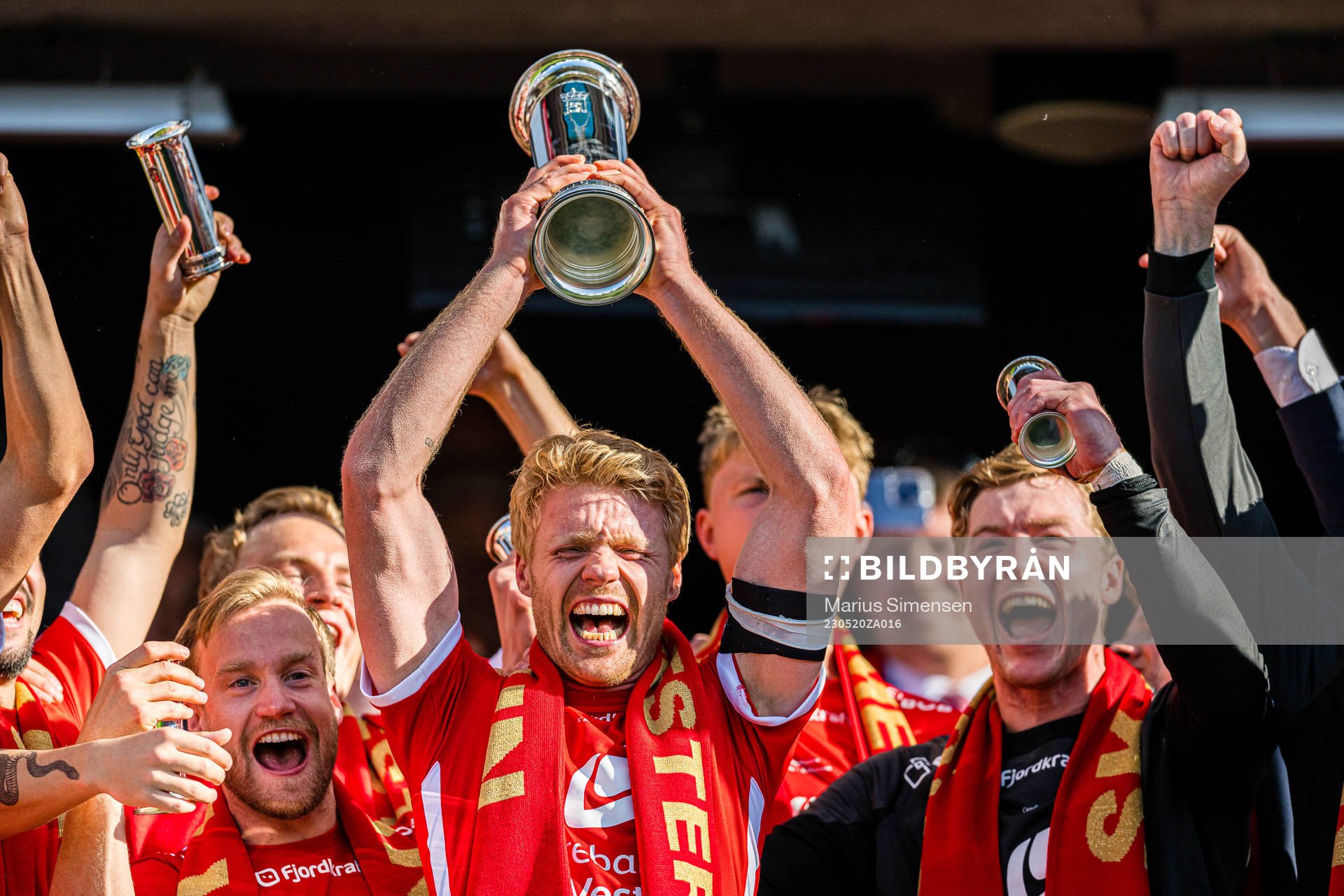 Bård Finne, Sivert Heltne Nilsen and Mathias Dyngeland of Brann celebrates with the trophy after the cup final between Brann and Lillestrøm on May 20, 2023 in Oslo.