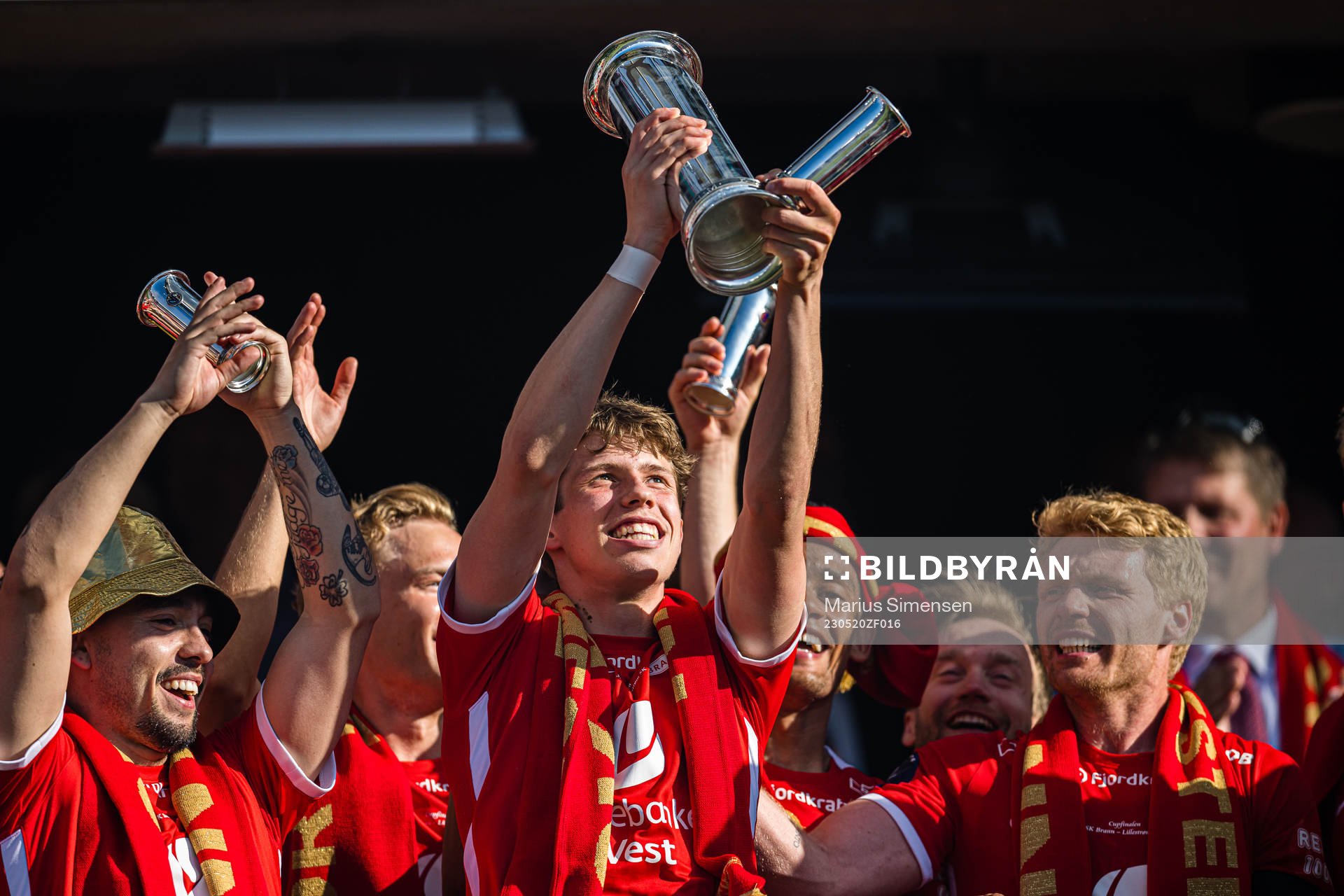 Niklas Jensen Wassberg of Brann celebrates with the trophy