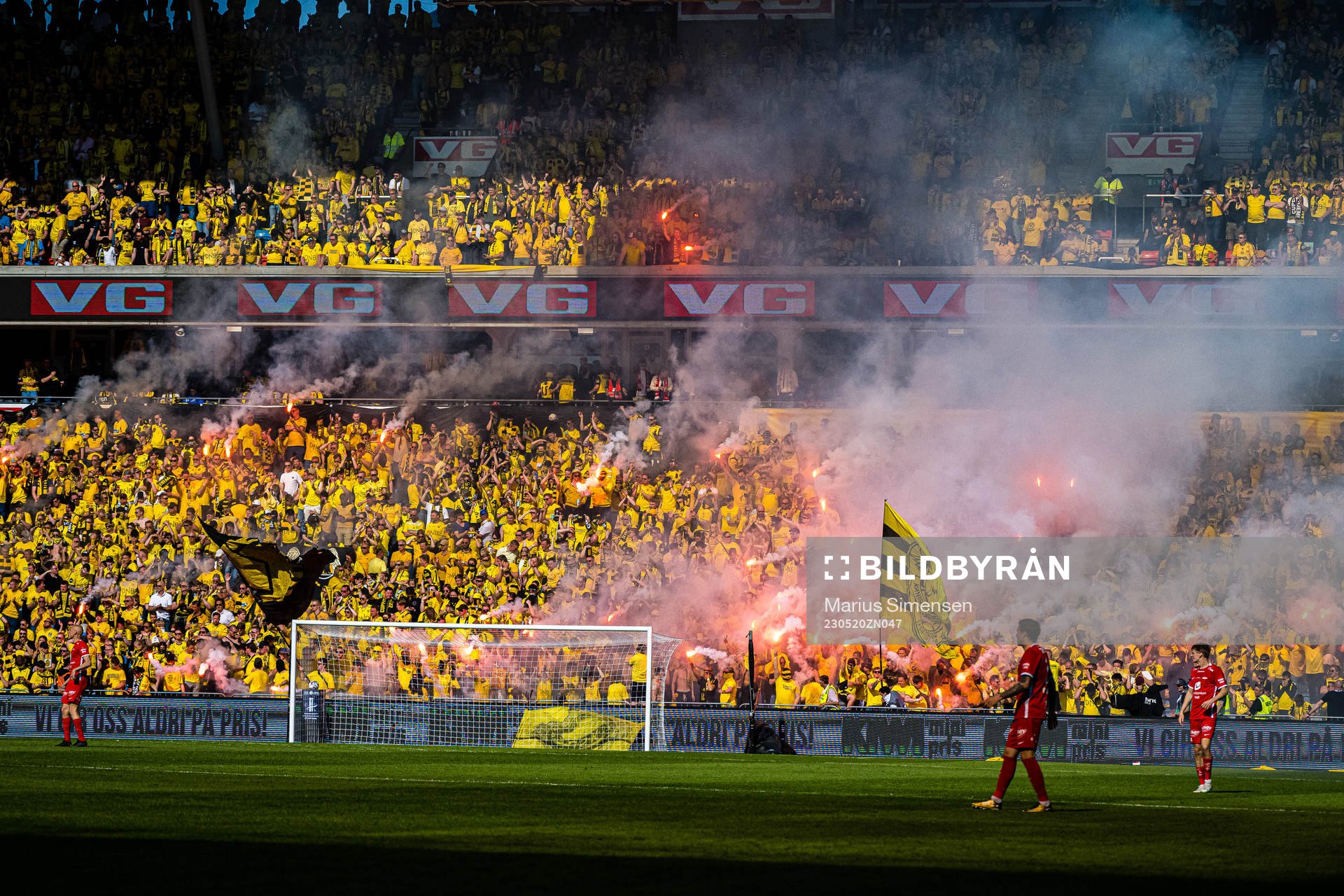 Spectators with flares in the stands during the cup final between Brann and Lillestrøm on May 20, 2023 in Oslo.