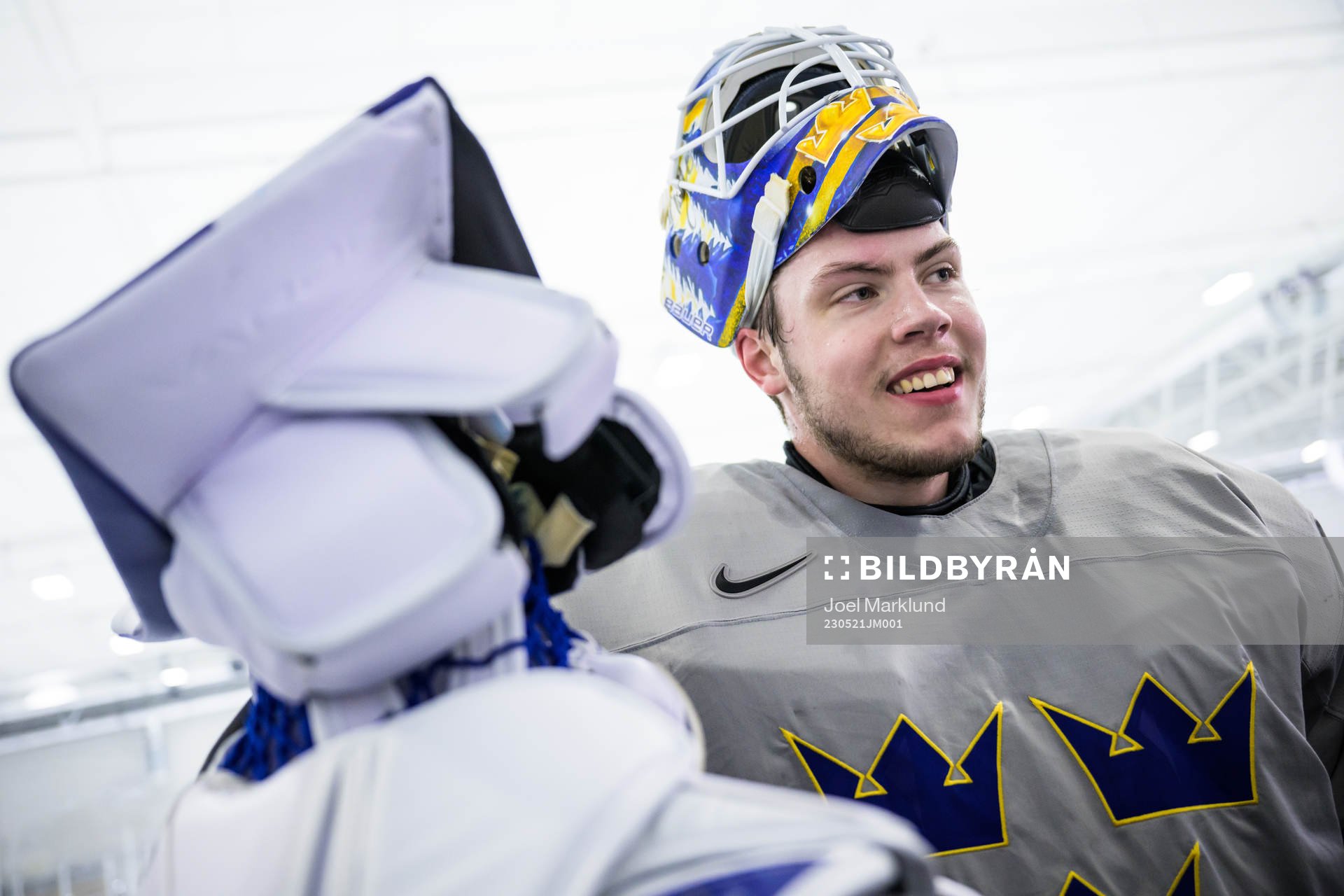 Goaltender Jesper Wallstedt of Sweden at a practice session