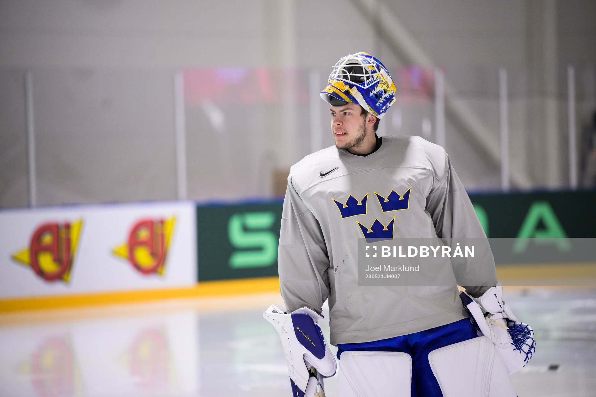 Goaltender Jesper Wallstedt of Sweden at a practice session