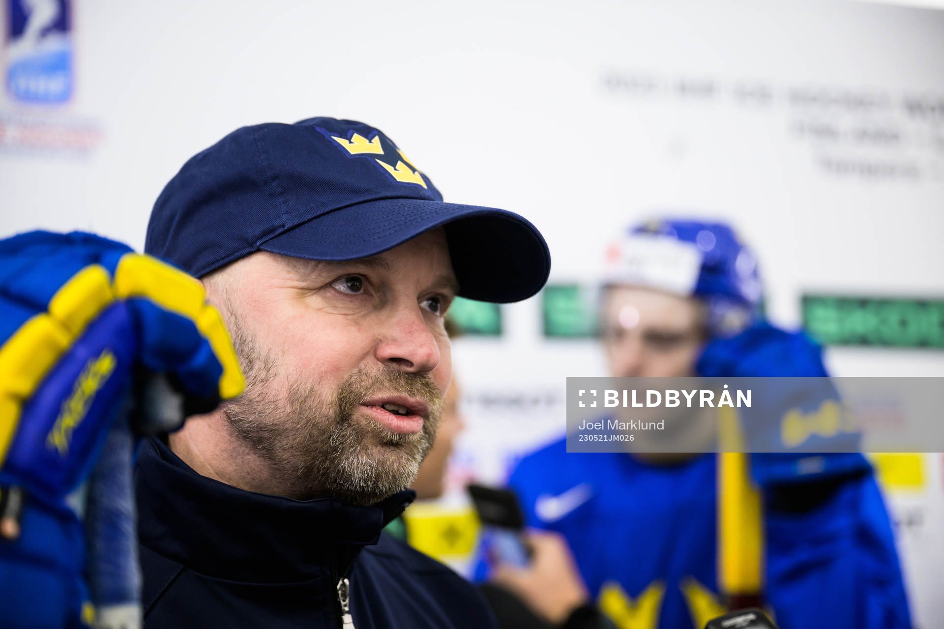 Goaltender coach Stefan Ladhe of Sweden at a practice