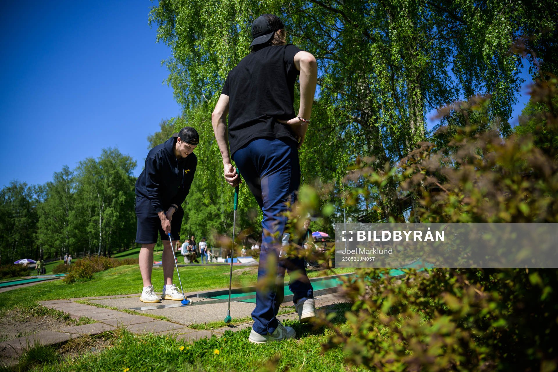 Goaltender Jesper Wallstedt and Leo Carlsson of Sweden play