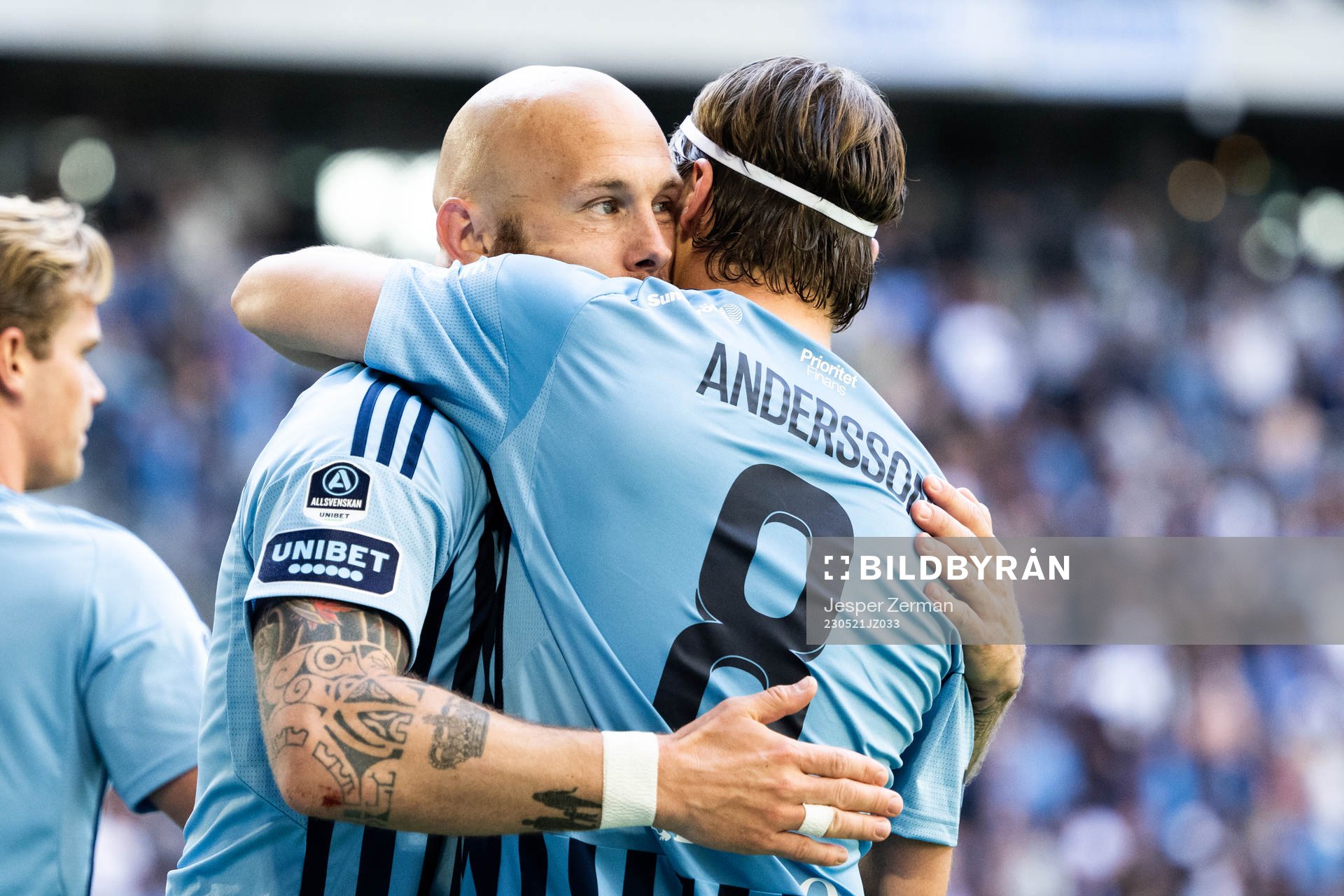 Djurgårdens Magnus Eriksson och Elias Andersson jublar efter 1-0 under fotbollsmatchen i Allsvenskan mellan Djurgården och Mjällby den 21 maj 2023 i Stockholm.