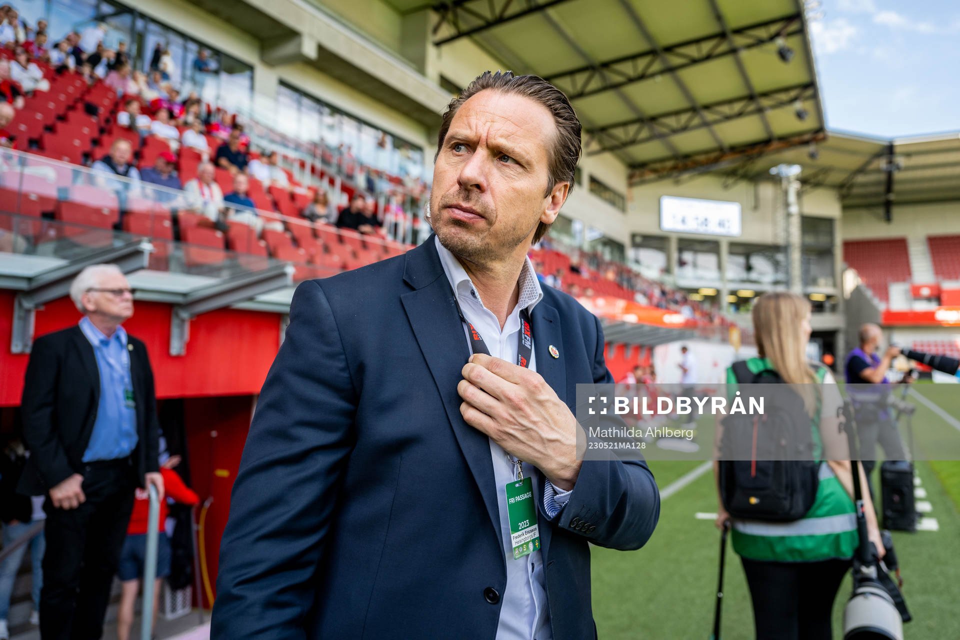 Helsingborgs arrangemangsansvarig Frederik Ericsson under fotbollsmatchen i Superettan mellan Helsingborg och Utsikten den 21 maj 2023 i Helsingborg.