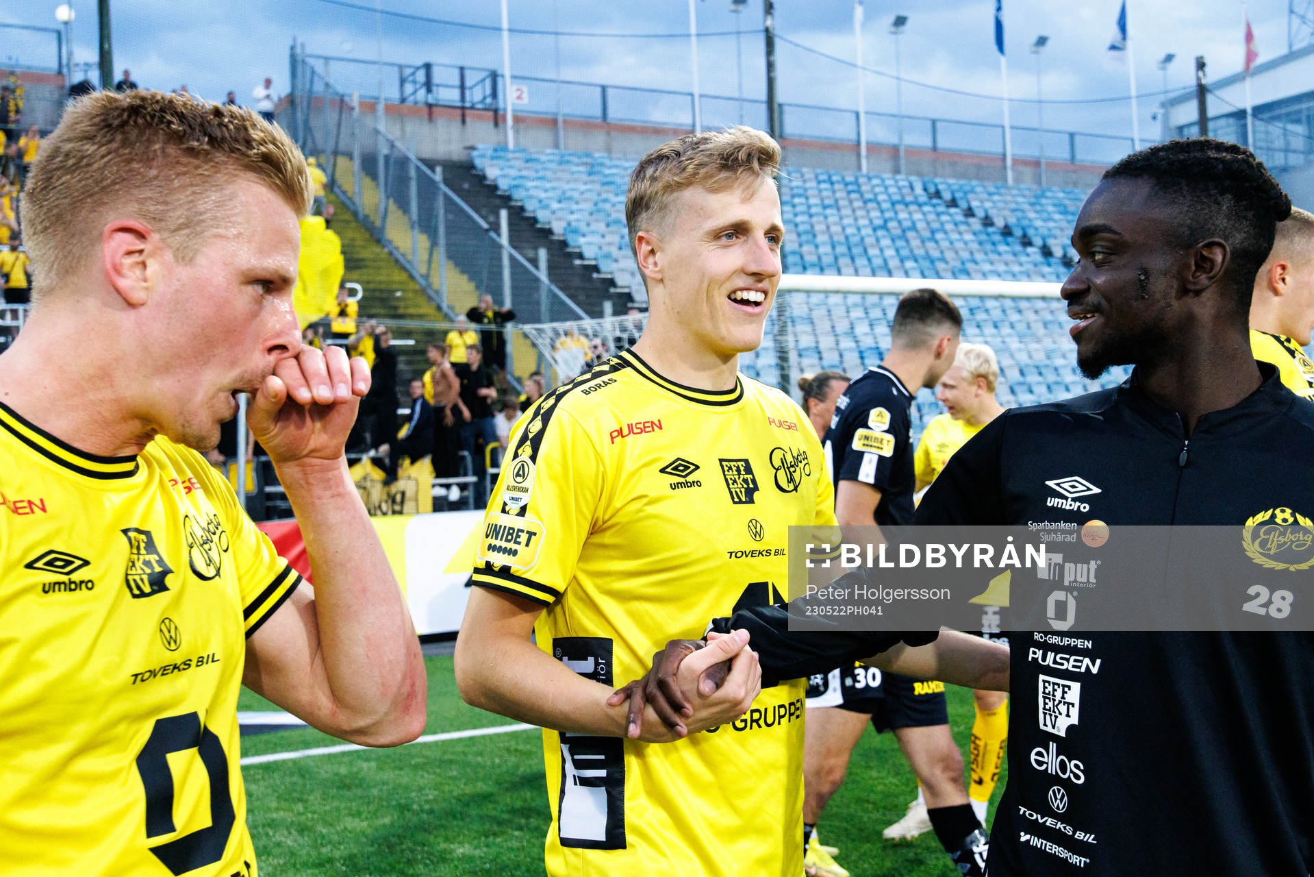 Elfsborgs Jeppe Møldrup Okkels jublar efter fotbollsmatchen i Allsvenskan mellan IFK Norrköping och Elfsborg den 22 maj 2023 i Norrköping.