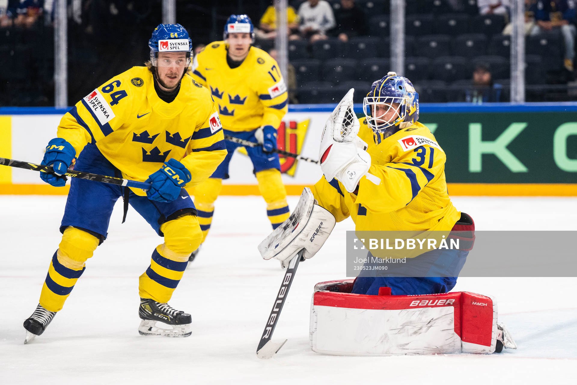 Jonathan Pudas and goaltender Lars Johansson of Sweden