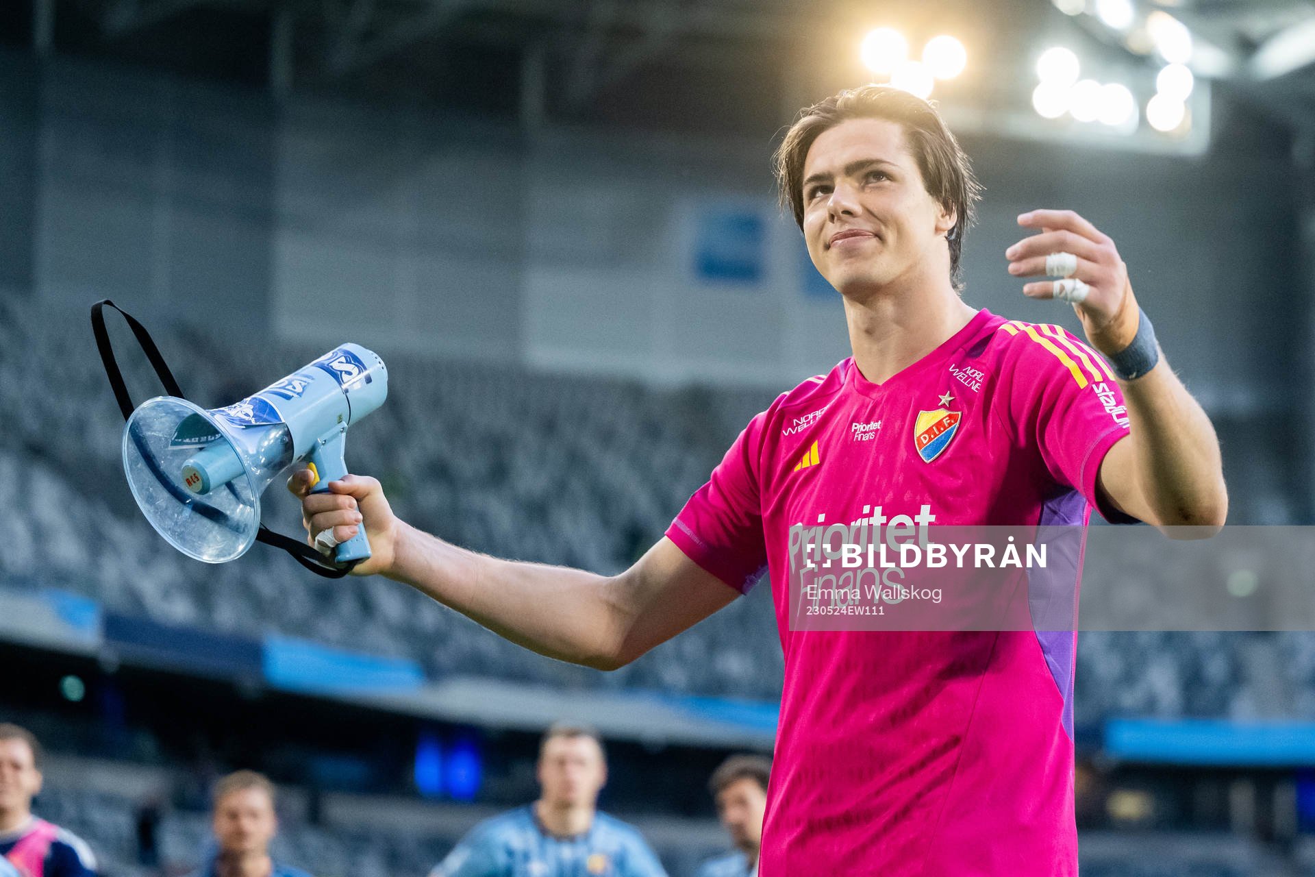 Djurgårdens målvakt Jacob Widell Zetterström jublar efter fotbollsmatchen i Allsvenskan mellan Djurgården och Häcken den 24 maj 2023 i Stockholm. 