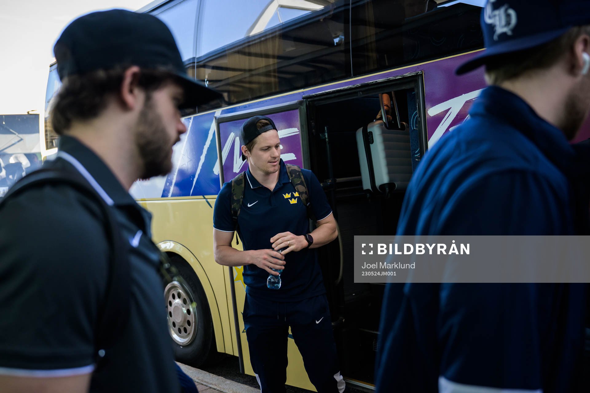 Goaltender Lars Johansson of Sweden leaves a bus when