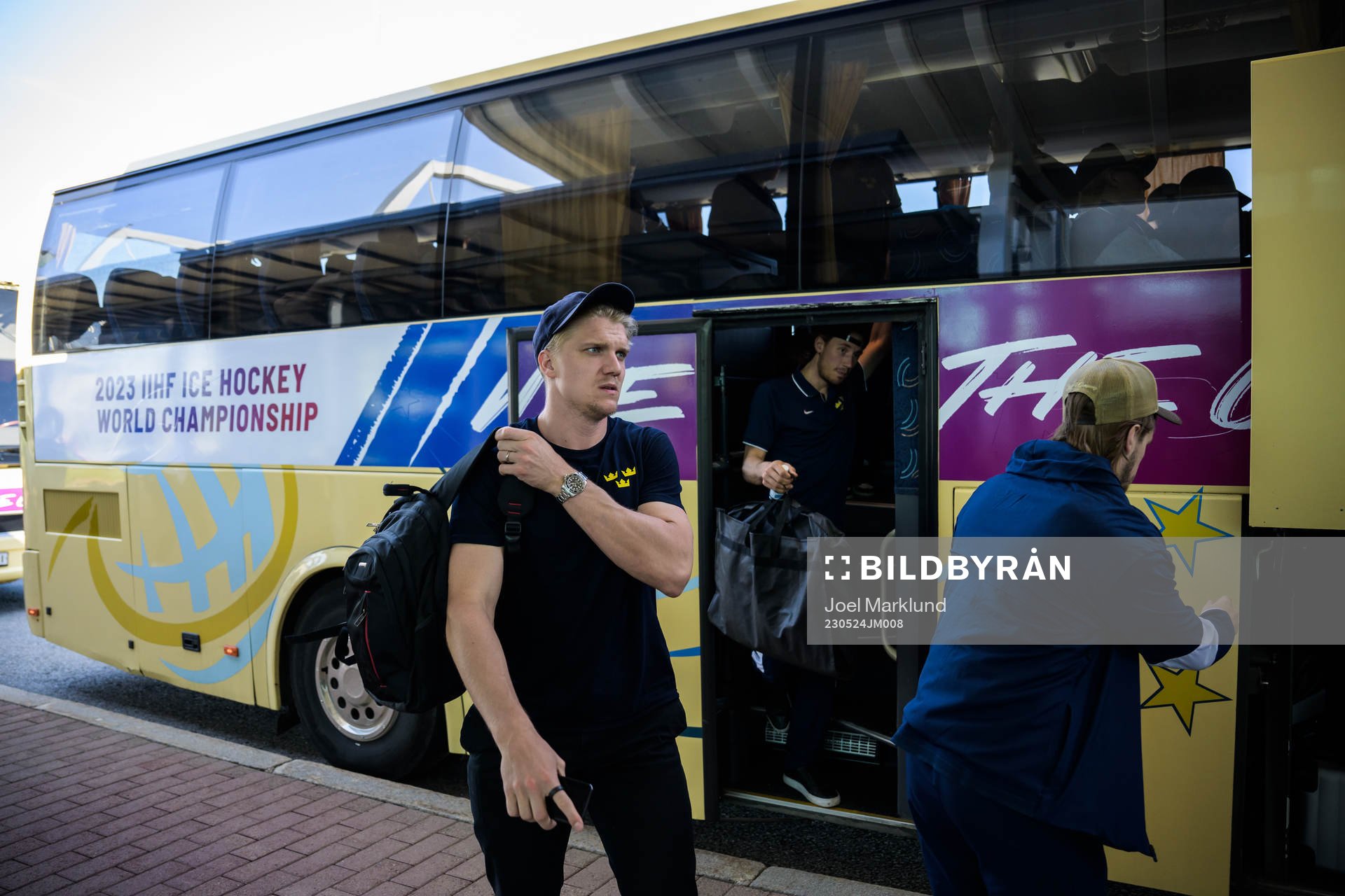Jakob Silfverberg of Sweden leaves a bus when traveling